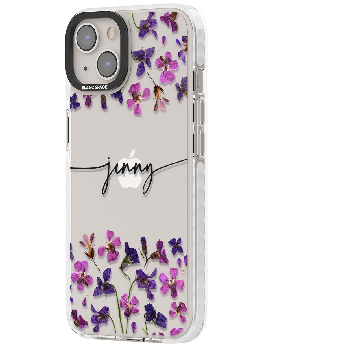 Personalised Purple Wildflowers iPhone 12 / 12 Pro / iPhone 13 / iPhone 14 / iPhone 14 Plus / iPhone 15 / iPhone 15 Plus Impact Clear Phone Case side