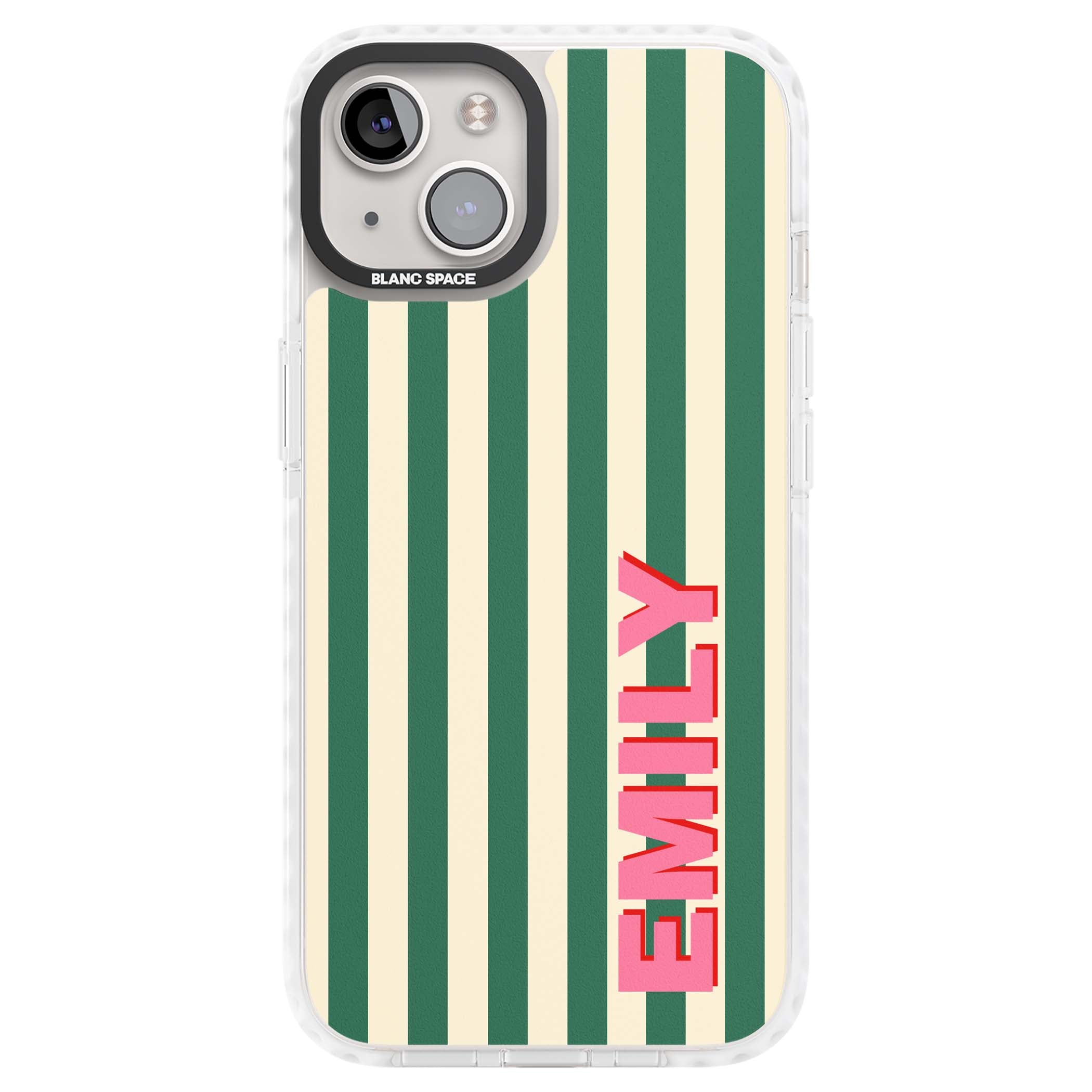 Wimbledon Stripe preppy iPhone case featuring green and cream vertical stripes with a personalised pink name | Clear Impact case for iPhone 13, iPhone 14, iPhone 15