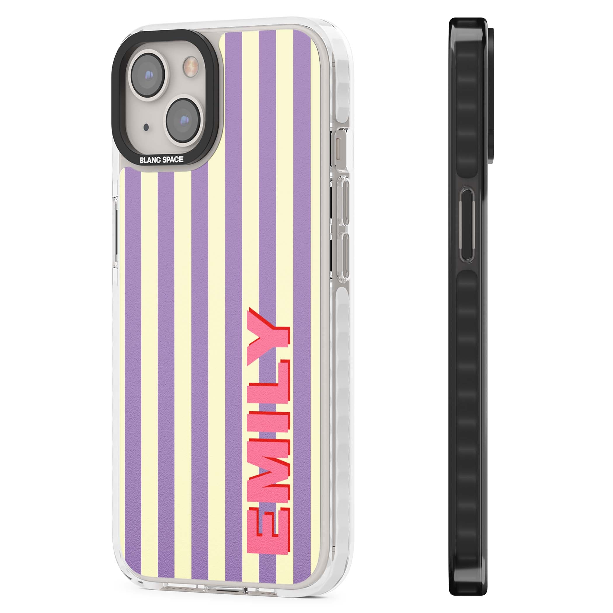 Valensole Stripe personalised iPhone case with purple and cream vertical stripes and pink custom name | Clear Impact case for iPhone 13, iPhone 14, iPhone 15