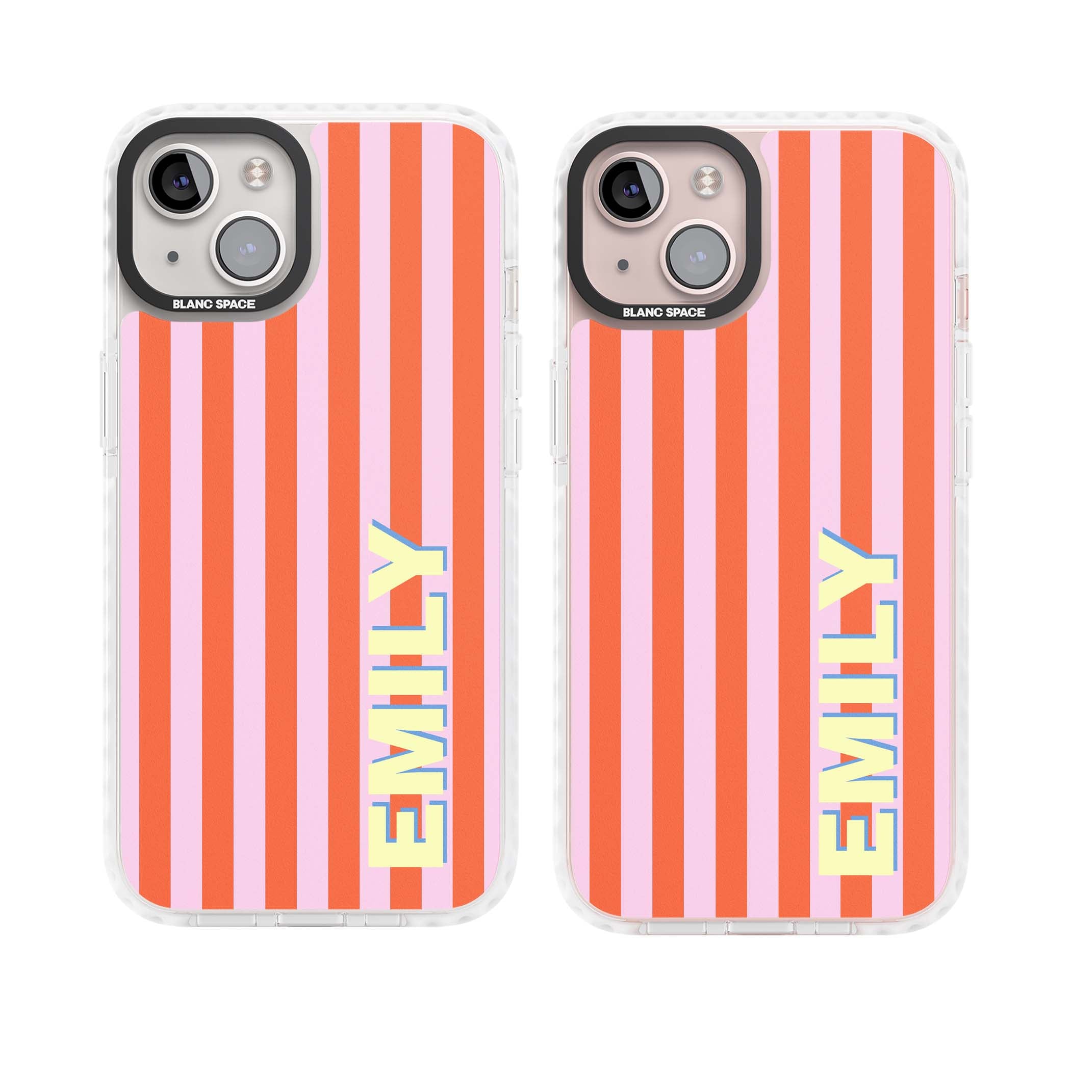 Havana Stripe personalised iPhone case featuring pink and orange vertical stripes with a custom yellow name | Clear Impact case for iPhone 13, iPhone 14, iPhone 15