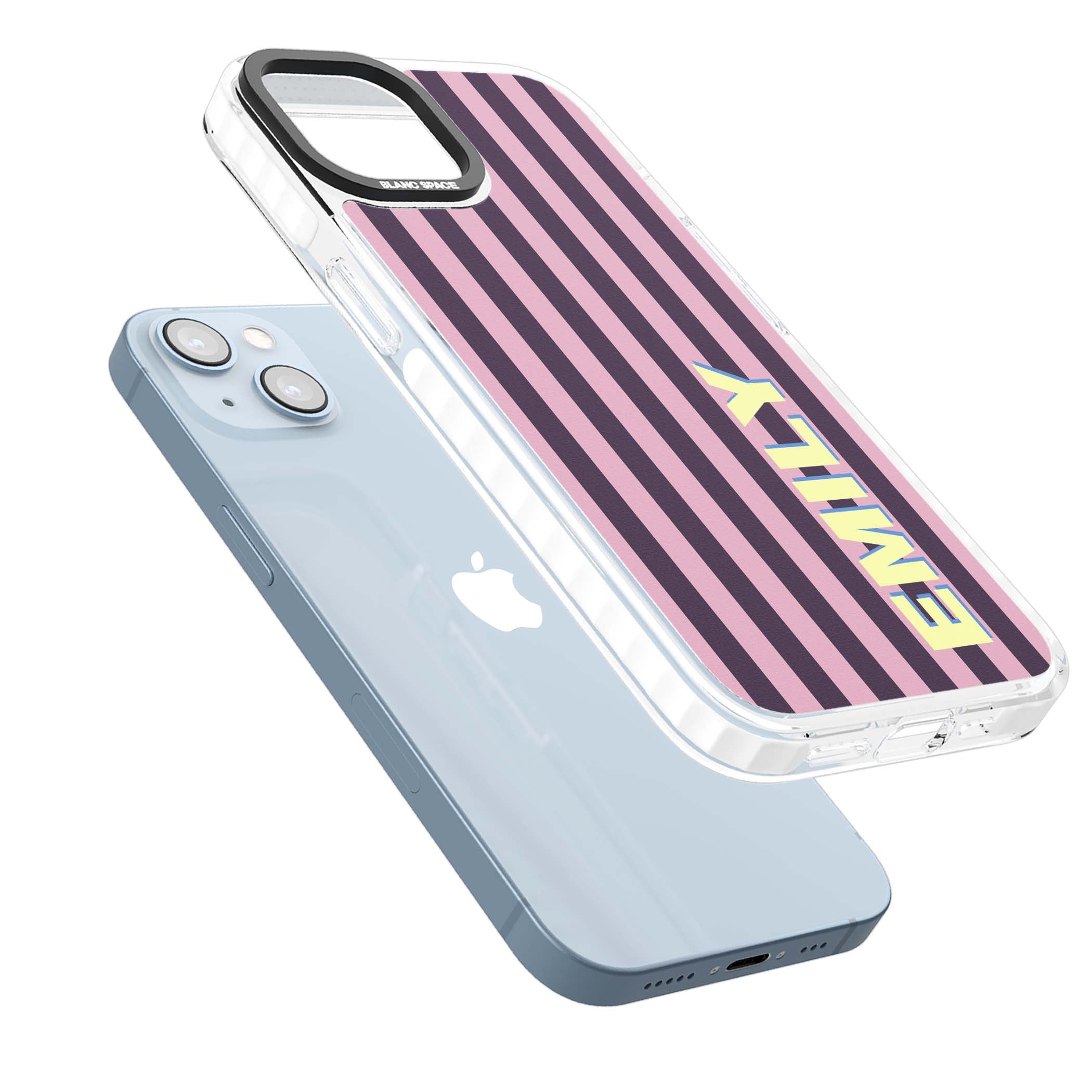 Tyre Stripe personalised stripe iPhone case with plum and pink vertical stripes and custom yellow name | Clear Impact case for iPhone 13, iPhone 14, iPhone 15