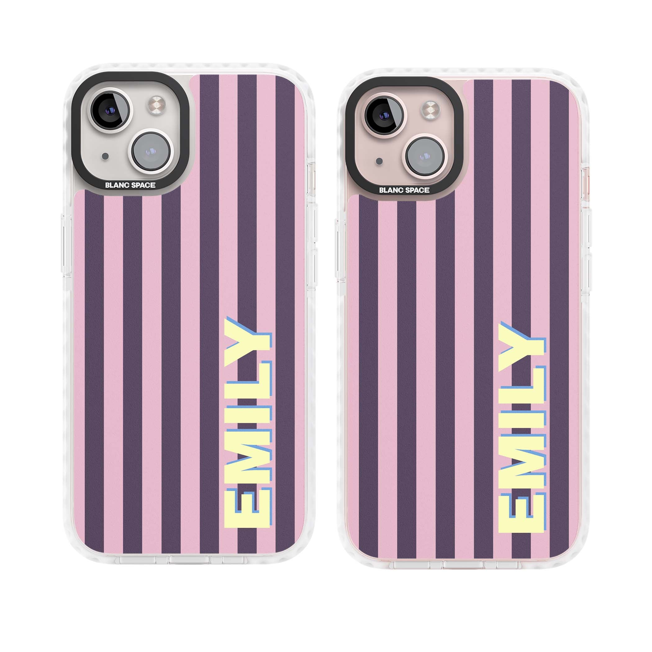 Tyre Stripe personalised stripe iPhone case with plum and pink vertical stripes and custom yellow name | Clear Impact case for iPhone 13, iPhone 14, iPhone 15