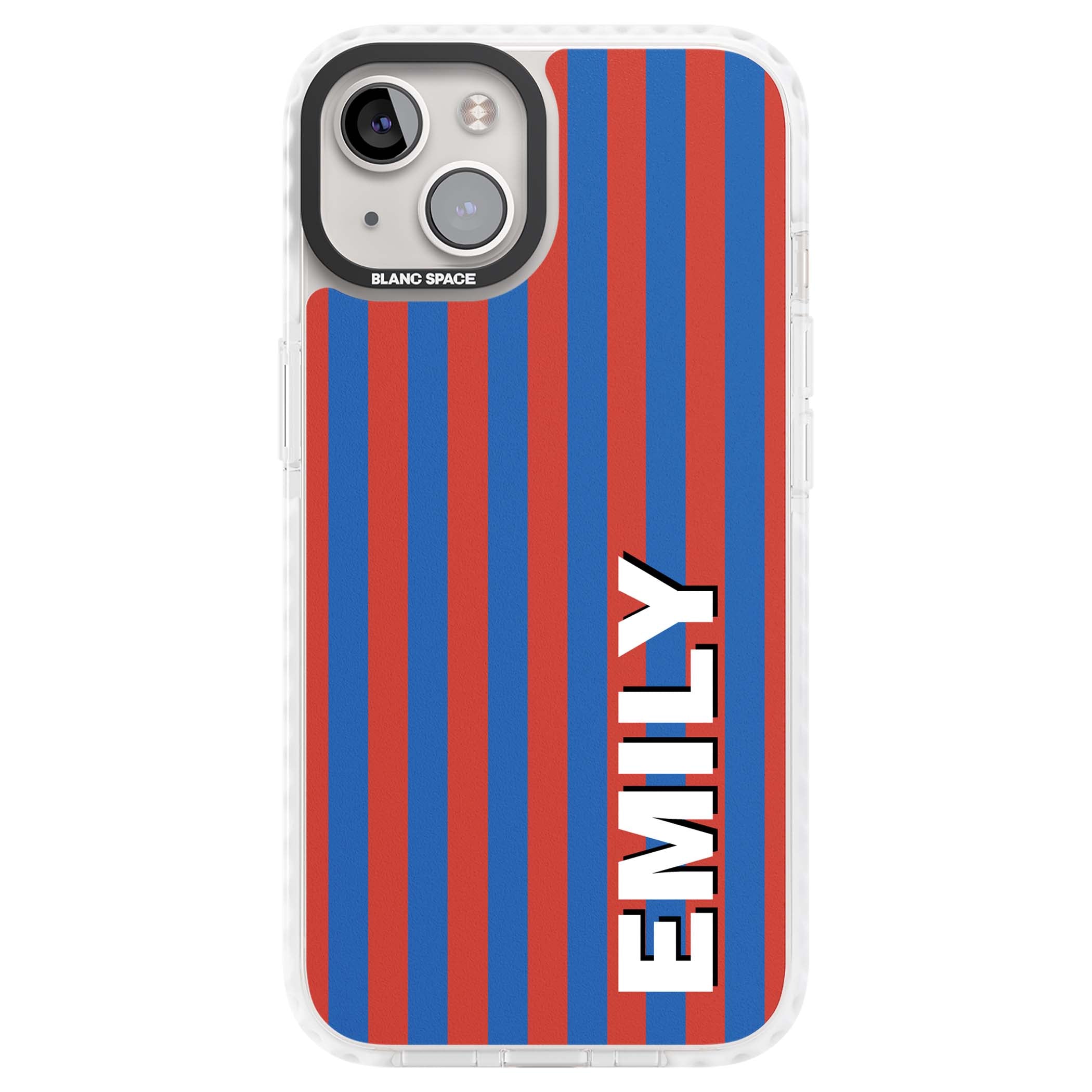 Cuban Stripe personalised iPhone case featuring red and blue vertical stripes with custom name in bold white letters | Clear Impact case for iPhone 13, iPhone 14, iPhone 15