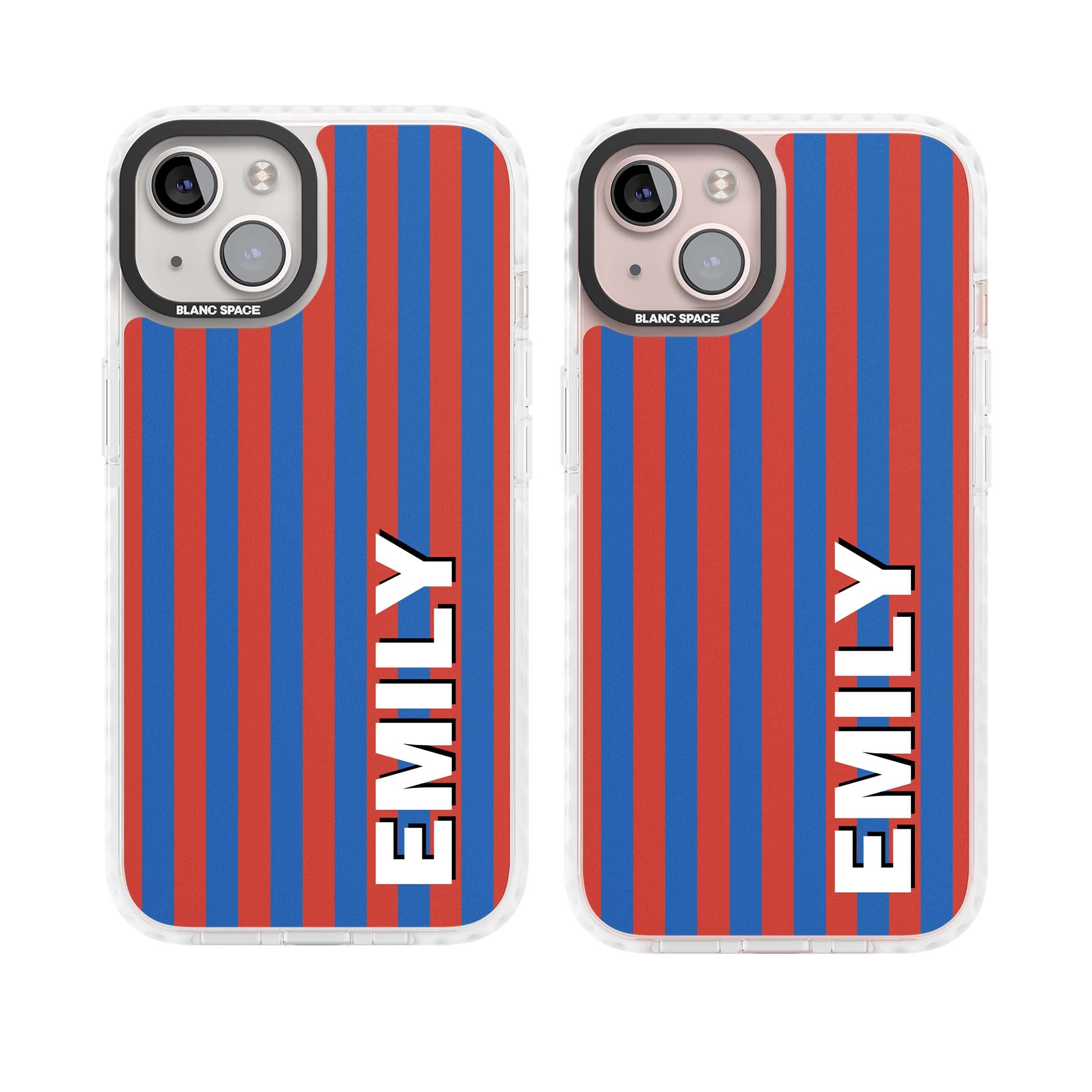 Cuban Stripe personalised iPhone case featuring red and blue vertical stripes with custom name in bold white letters | Clear Impact case for iPhone 13, iPhone 14, iPhone 15