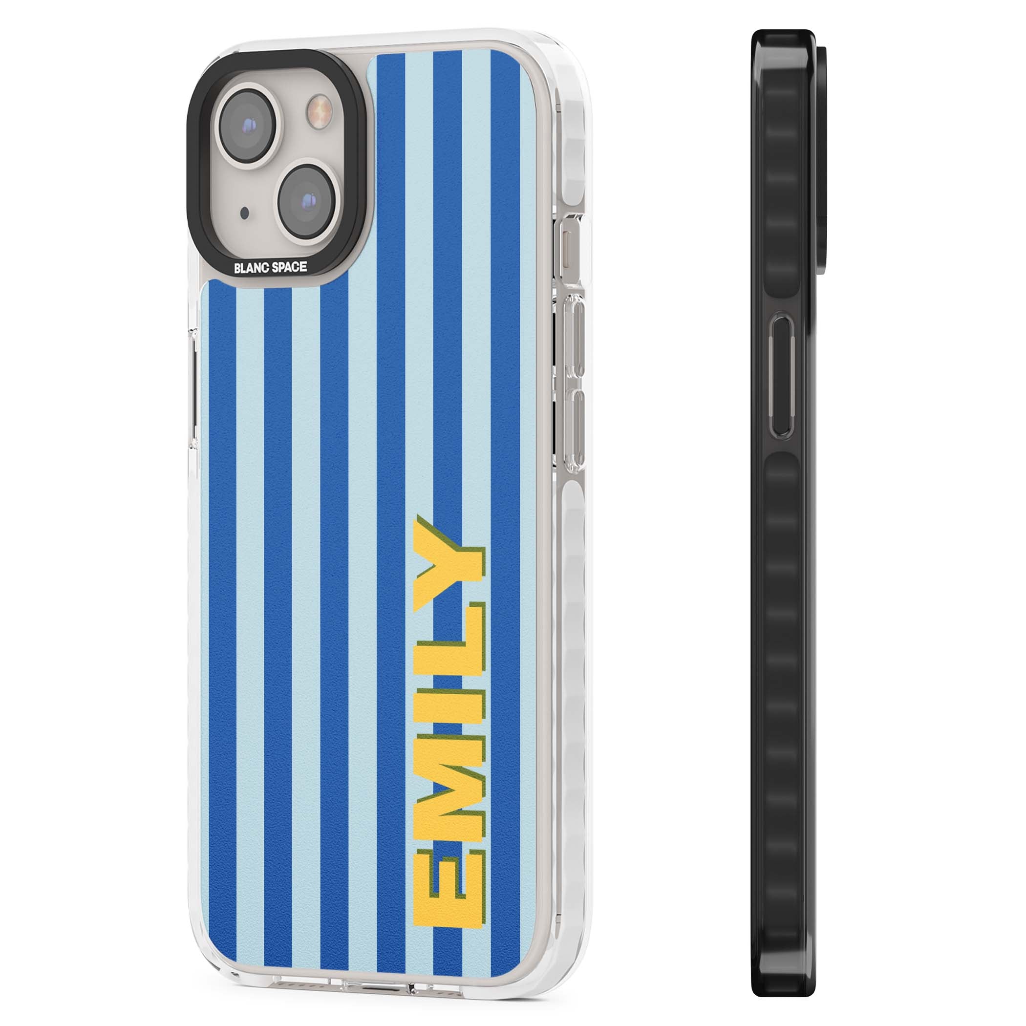 Athenian Stripe personalised preppy iPhone case featuring blue vertical stripes and a custom yellow name | Clear Impact case for iPhone 13, iPhone 14, iPhone 15
