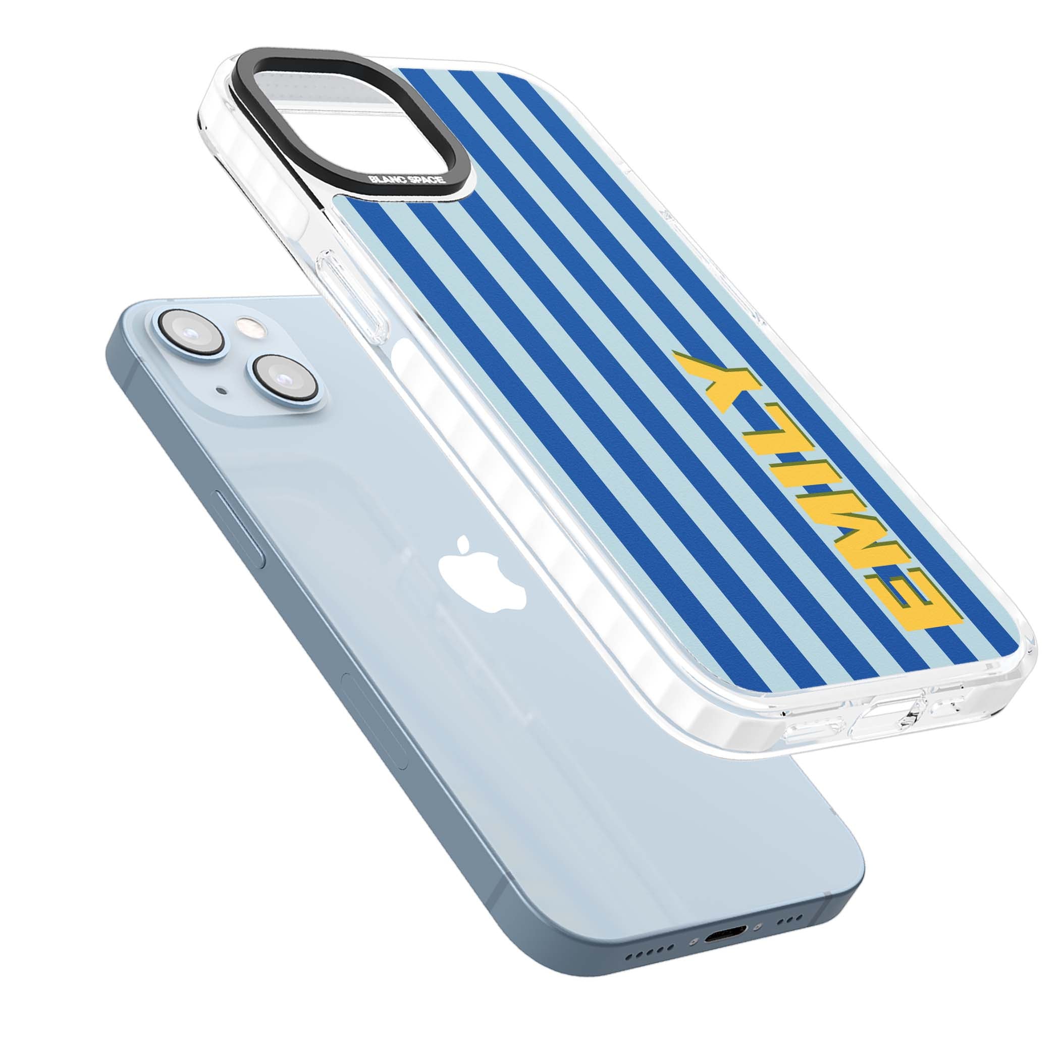 Athenian Stripe personalised preppy iPhone case featuring blue vertical stripes and a custom yellow name | Clear Impact case for iPhone 13, iPhone 14, iPhone 15