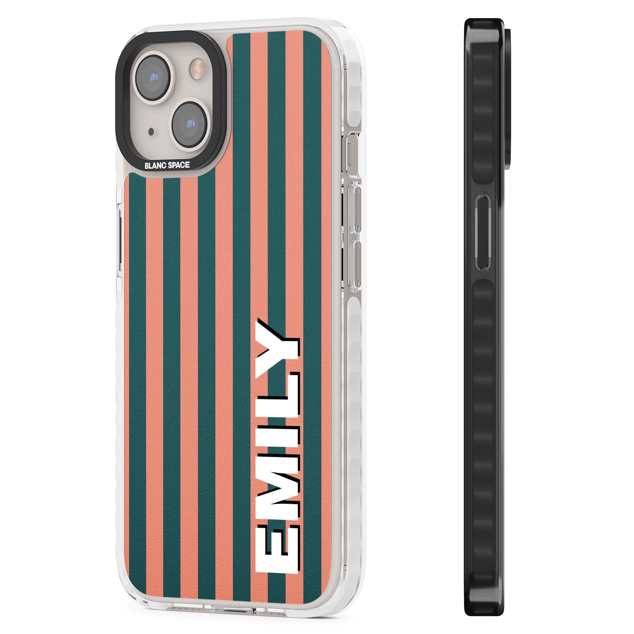 Tuscan Stripe personalised iPhone case featuring coral and green vertical stripes with bold custom name | Clear Impact case for iPhone 13, iPhone 14, iPhone 15