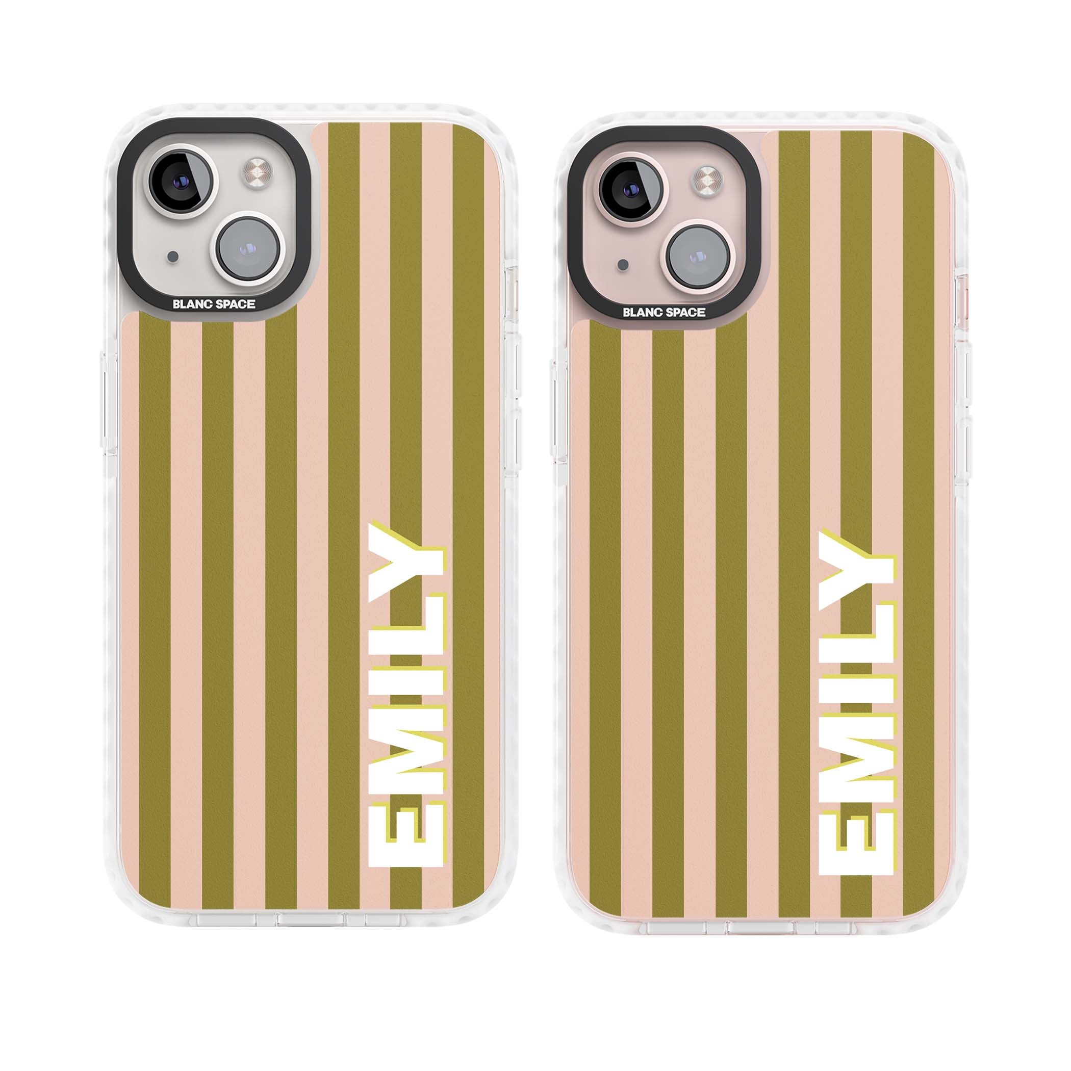 Indian Stripe personalised iPhone case featuring olive green and blush pink vertical stripes with custom name in whit | Clear Impact case for iPhone 13, iPhone 14, iPhone 15