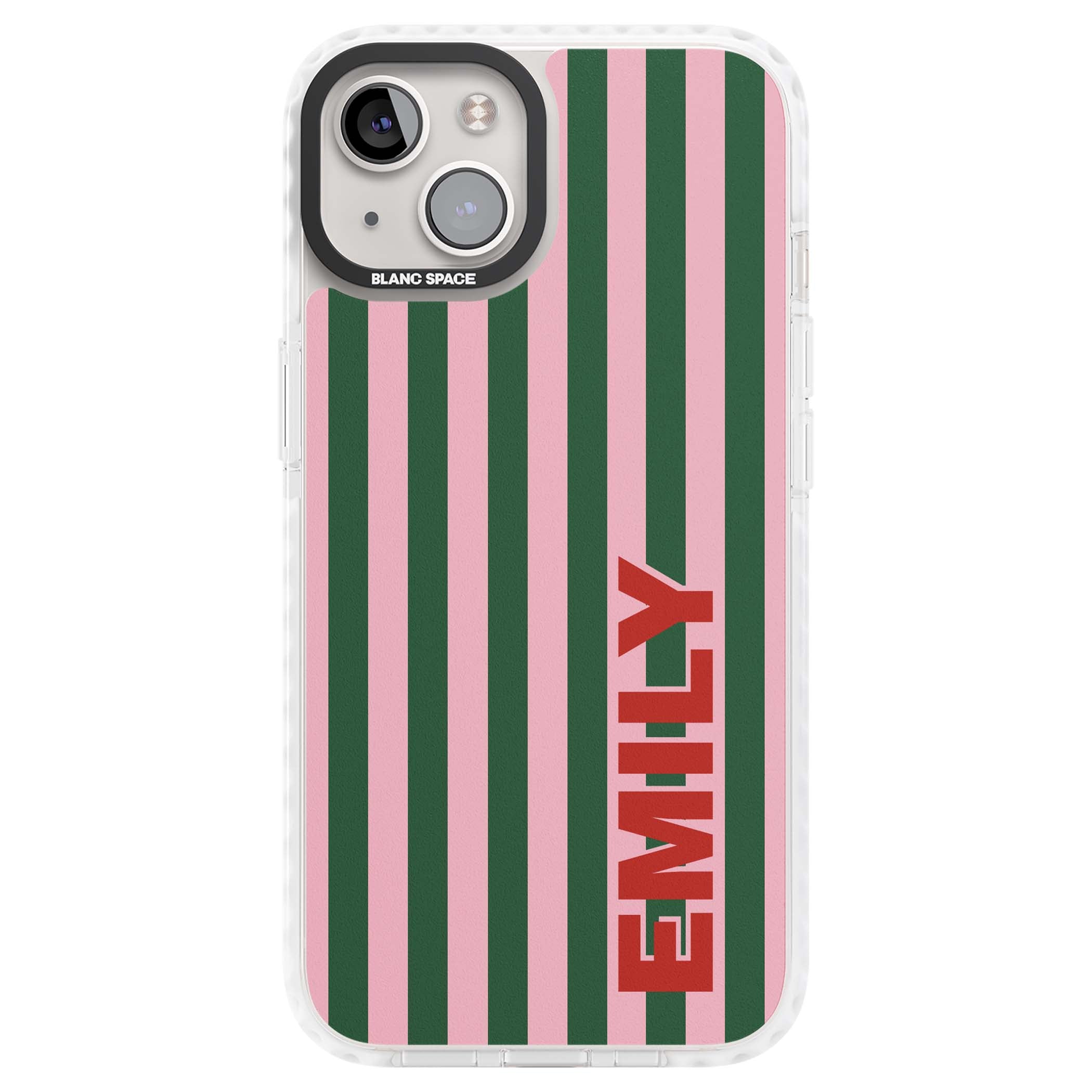 Italian Stripe preppy iPhone case featuring pink and green vertical stripes with personalised red name | Clear Impact case for iPhone 13, iPhone 14, iPhone 15