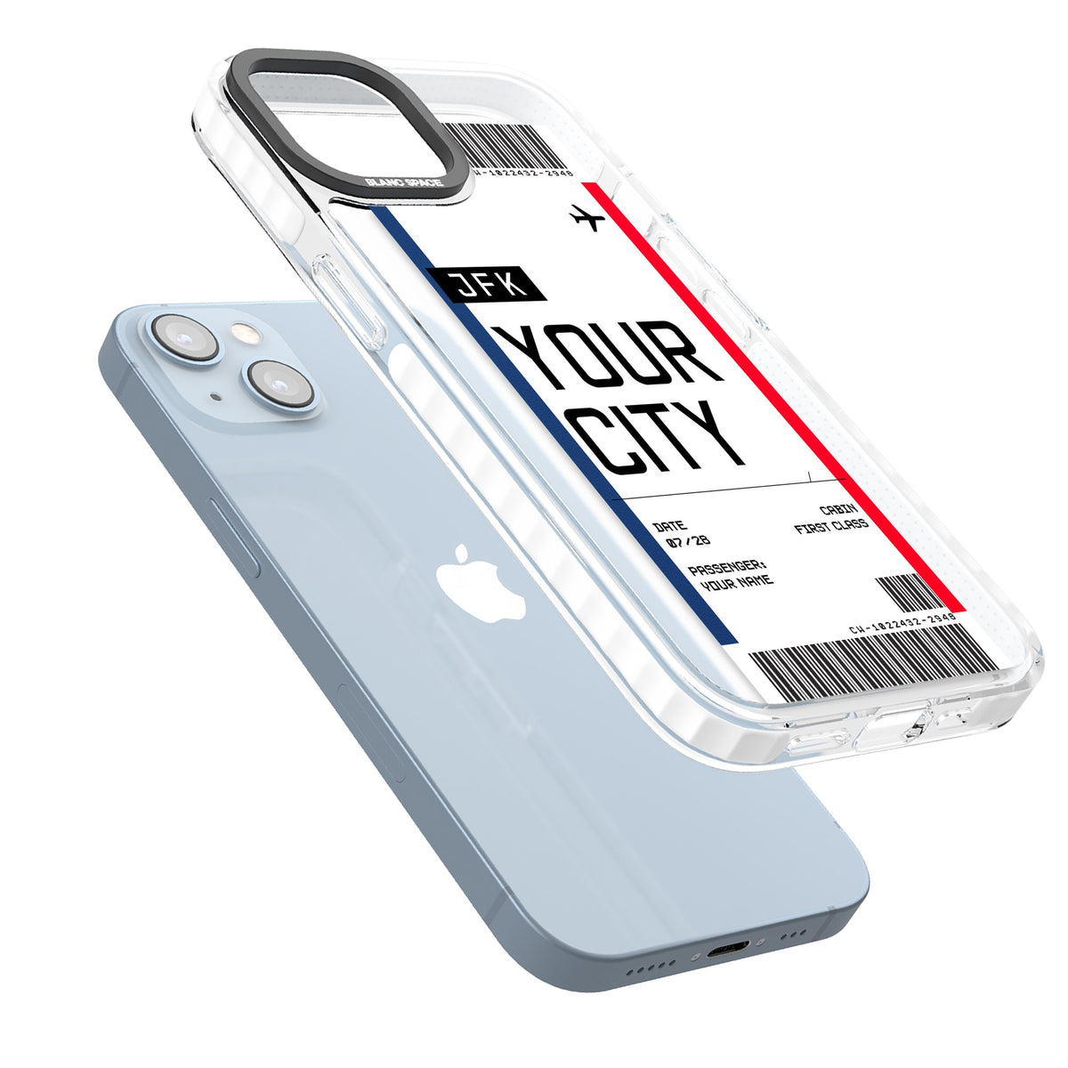 Personalised Create Your Own Boarding Pass Ticket iPhone 12 / 12 Pro / iPhone 13 / iPhone 14 / iPhone 14 Plus / iPhone 15 / iPhone 15 Plus Impact Clear Phone Case angled