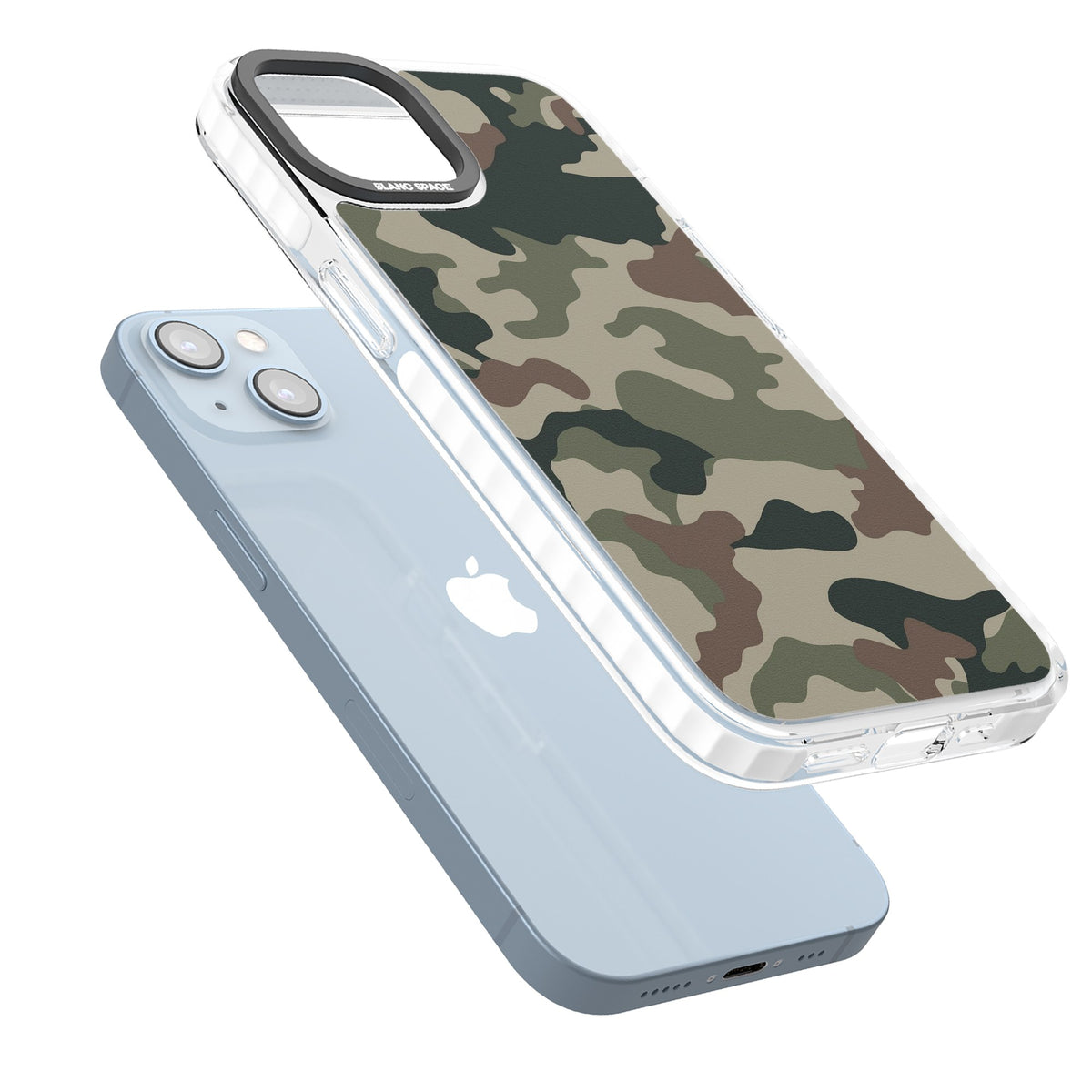 Woodland British Camo iPhone 12 / 12 Pro / iPhone 13 / iPhone 14 / iPhone 14 Plus / iPhone 15 / iPhone 15 Plus Impact Clear Phone Case angled