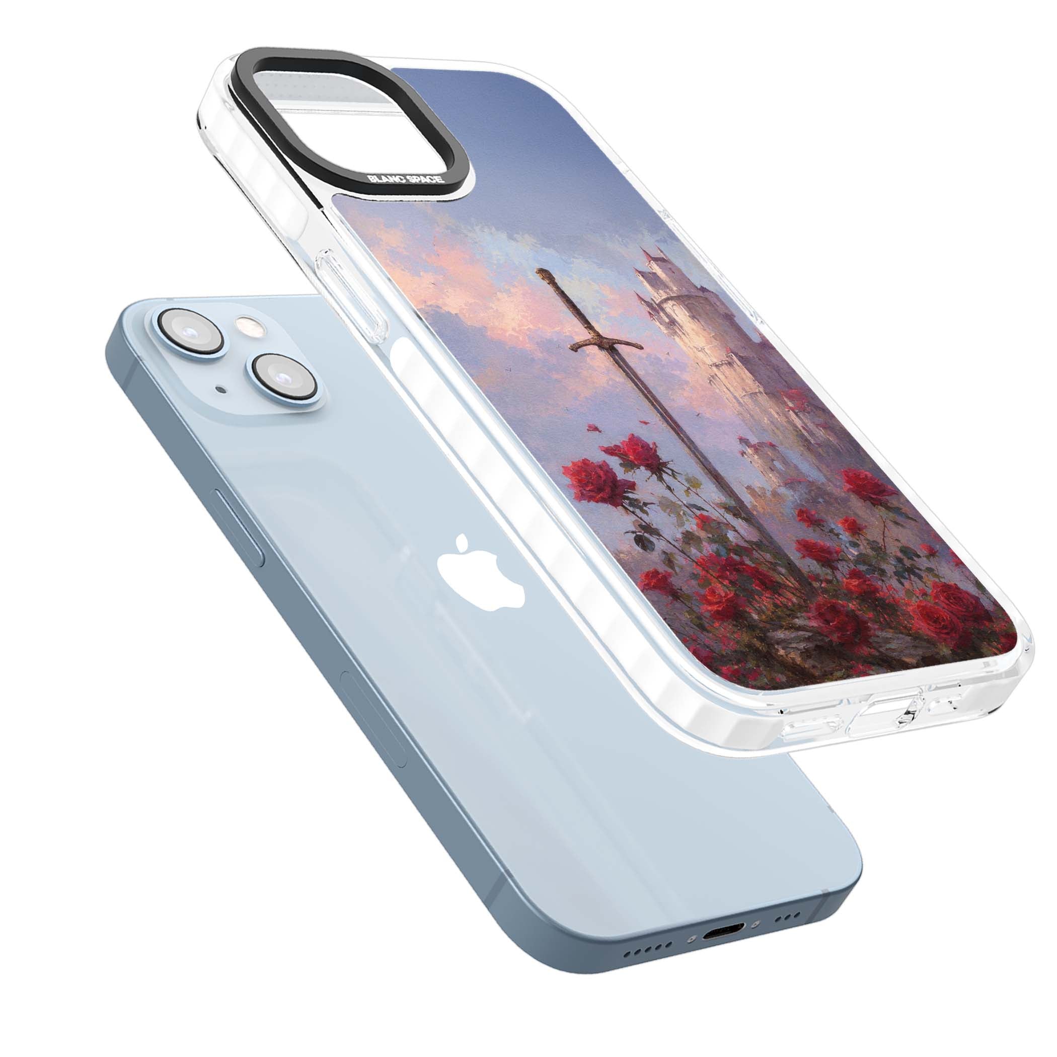 Sword in Roses medieval art iPhone case featuring a sword, red roses, and a misty fairytale castle at sunset | Clear Impact case for iPhone 13, iPhone 14, iPhone 15
