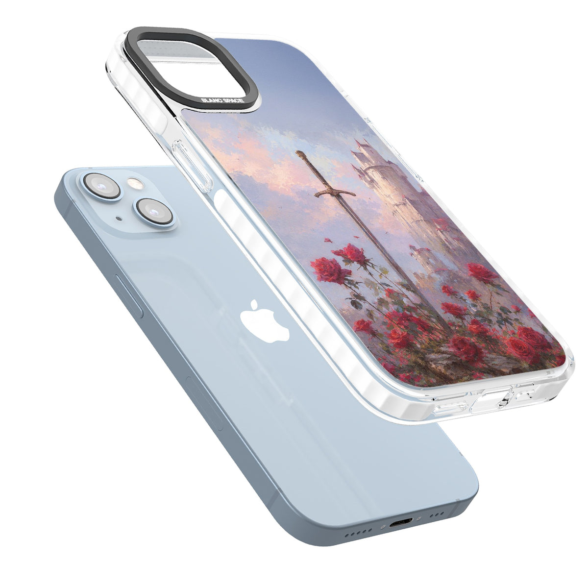 Sword in Roses iPhone 12 / 12 Pro / iPhone 13 / iPhone 14 / iPhone 14 Plus / iPhone 15 / iPhone 15 Plus Impact Clear Phone Case angled