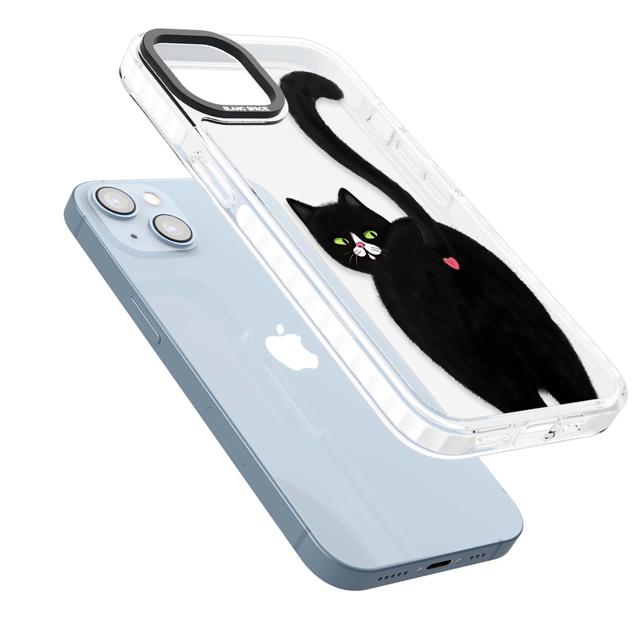 The Cat's Kiss cute cat iPhone case featuring a hand-painted tuxedo kitty with green eyes and a pink heart on a clear | Clear Impact case for iPhone 13, iPhone 14, iPhone 15