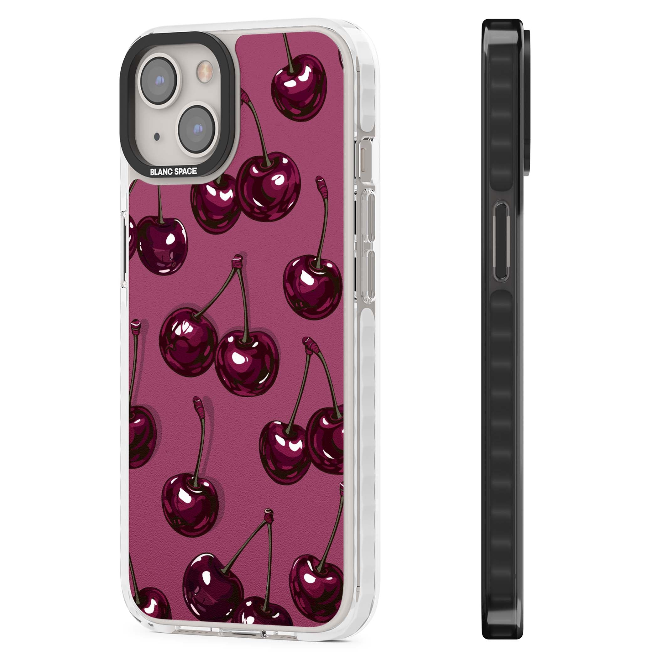 Cherry Soda coquette iPhone case featuring glossy burgundy cherries on a dusty pink background | Clear Impact case for iPhone 13, iPhone 14, iPhone 15
