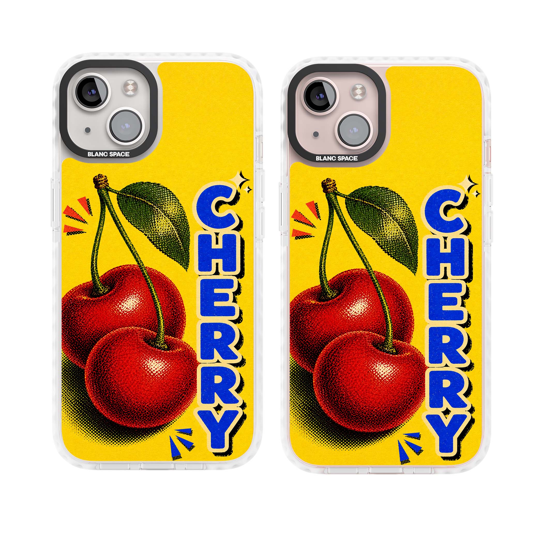 Cherry Yellow y2k iPhone case featuring two red cherries, halftone shading and bold blue CHERRY lettering on yellow | Clear Impact case for iPhone 13, iPhone 14, iPhone 15