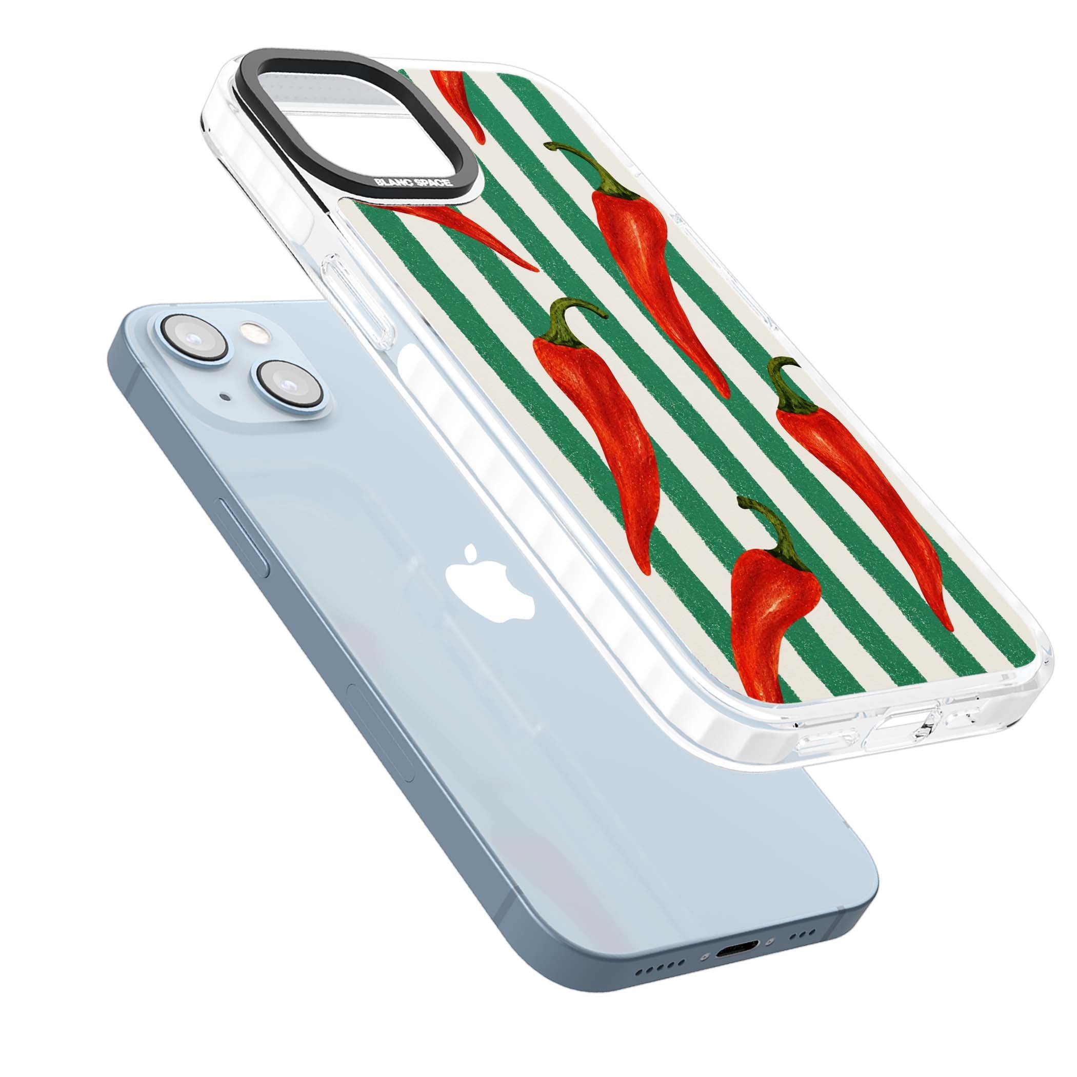 Striped Chillis coastal iPhone case featuring hand-painted red chili peppers on green and cream stripes | Clear Impact case for iPhone 13, iPhone 14, iPhone 15