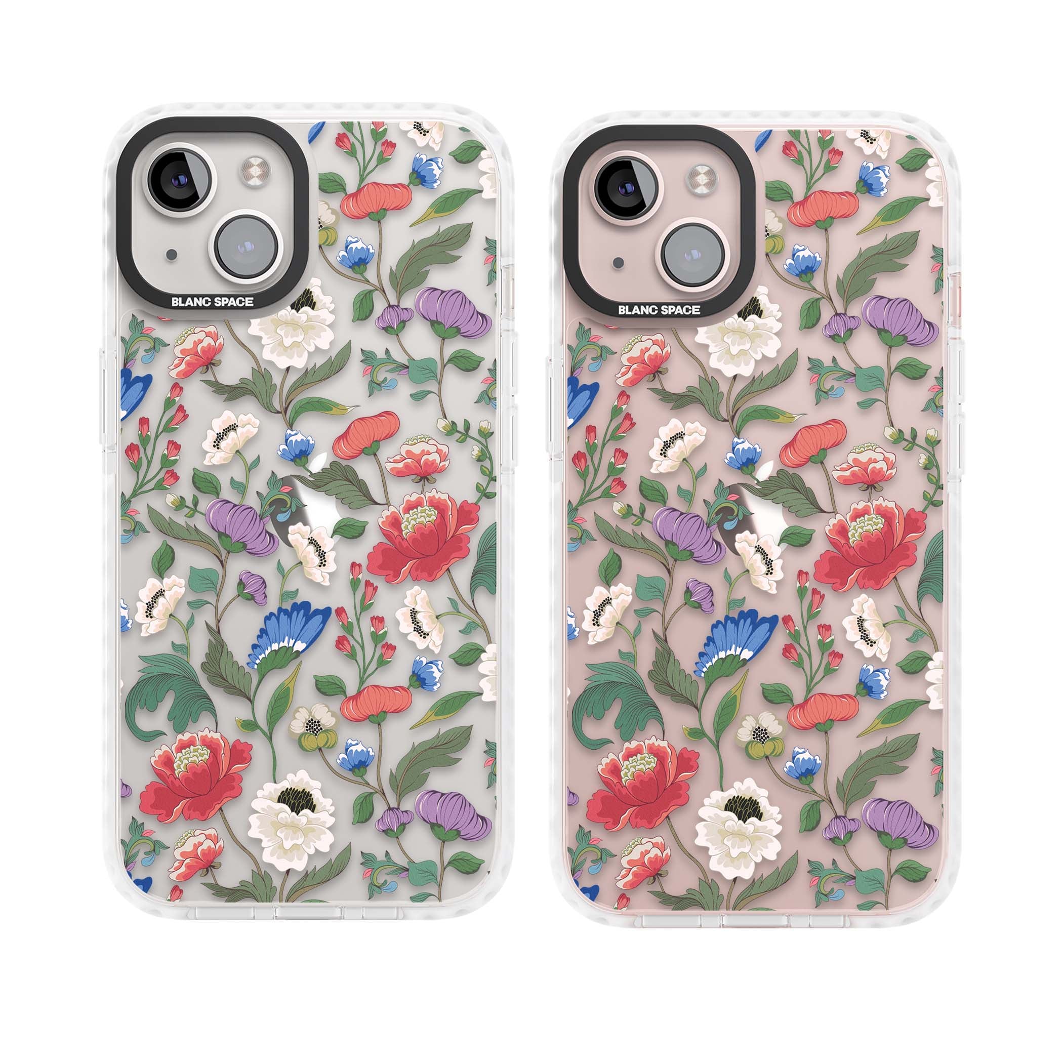 Chinoiserie Bloom vintage floral iPhone case featuring hand-painted peonies, poppies and trailing wildflowers on clear... | Clear Impact case for iPhone 13, iPhone 14, iPhone 15
