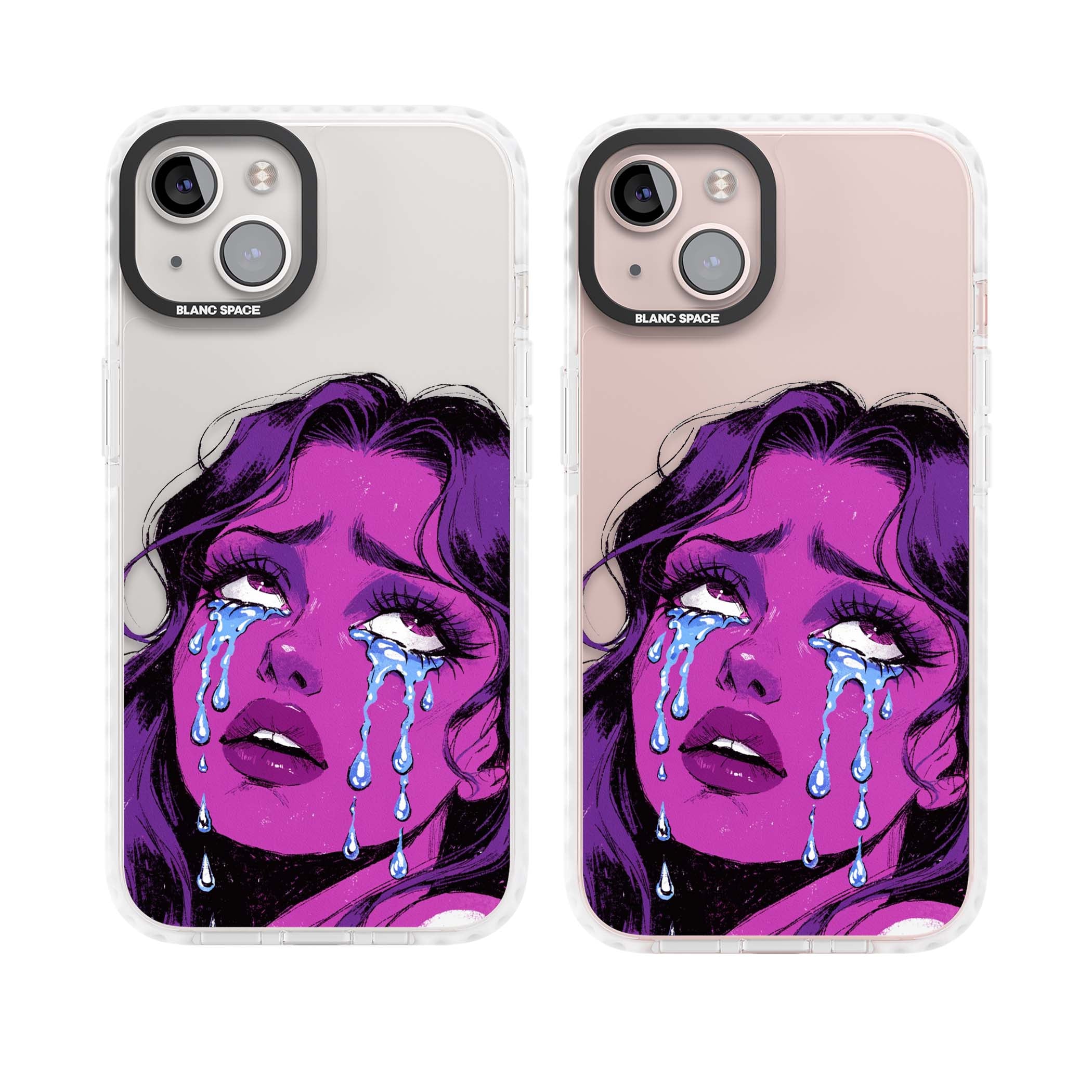 Drama Queen pop art iPhone case featuring a purple crying comic girl with blue tears | Clear Impact case for iPhone 13, iPhone 14, iPhone 15
