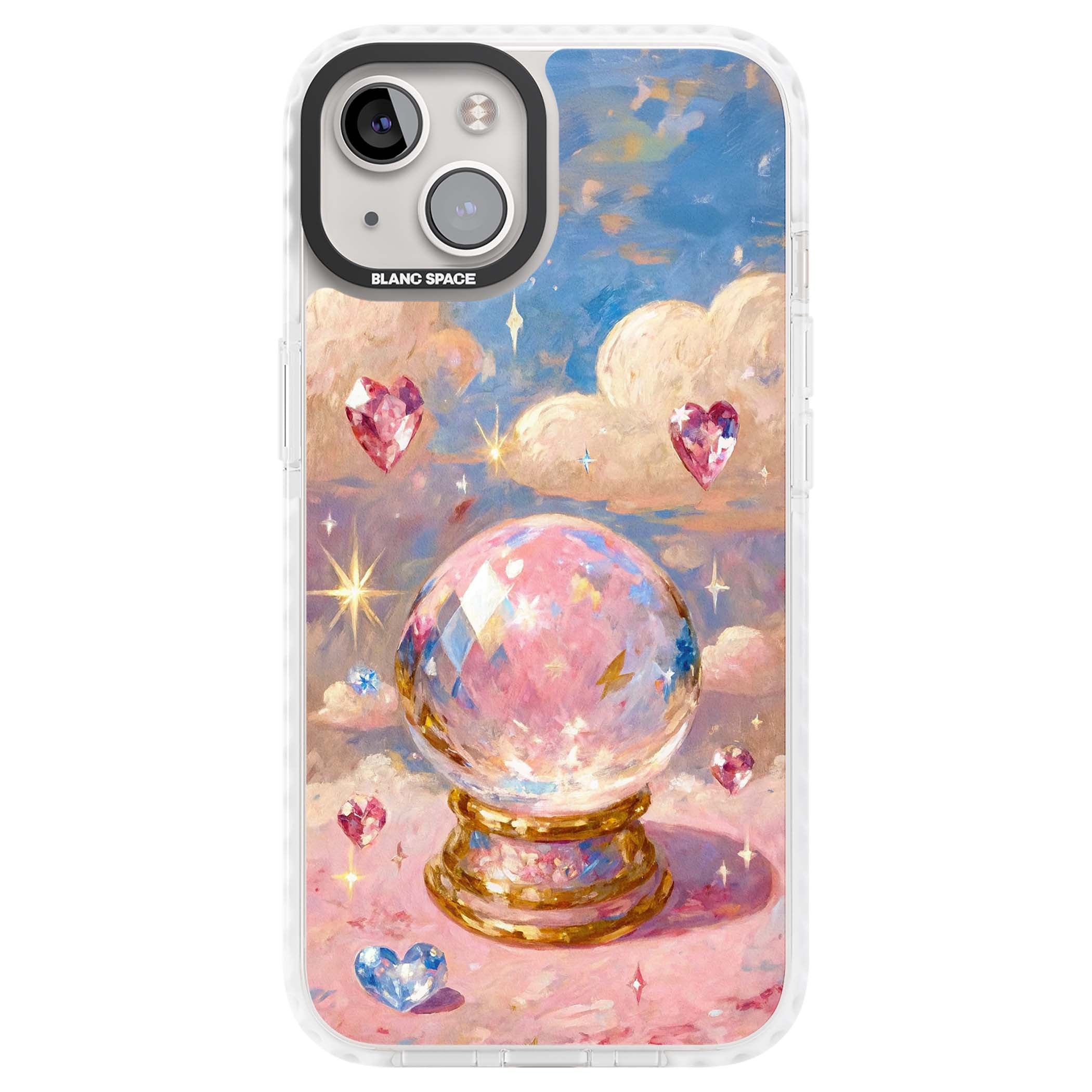 Crystal Ball fairycore iPhone case featuring a painted crystal ball, heart gemstones, and pastel clouds | Clear Impact case for iPhone 13, iPhone 14, iPhone 15