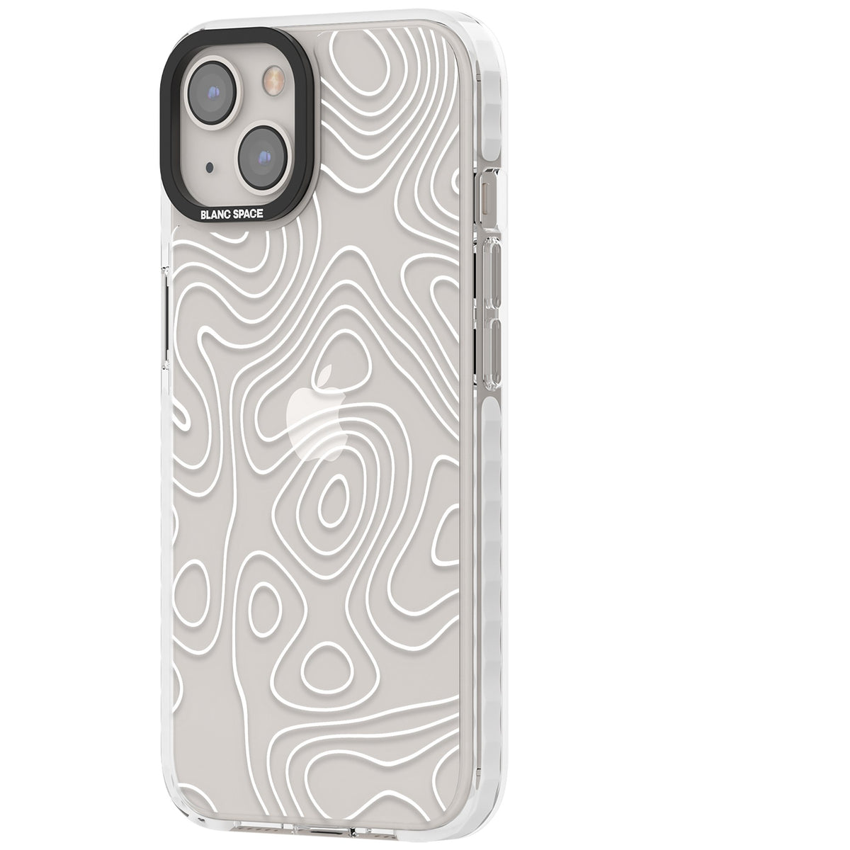 White Damascus Steel abstract iPhone case featuring white topographic contour lines on a clear back with a black bumper iPhone 12 / 12 Pro / iPhone 12 / iPhone 12 Pro / iPhone 13 / iPhone 14 / iPhone 14 Plus / iPhone 15 / iPhone 15 Plus Impact Clear Phone Case side