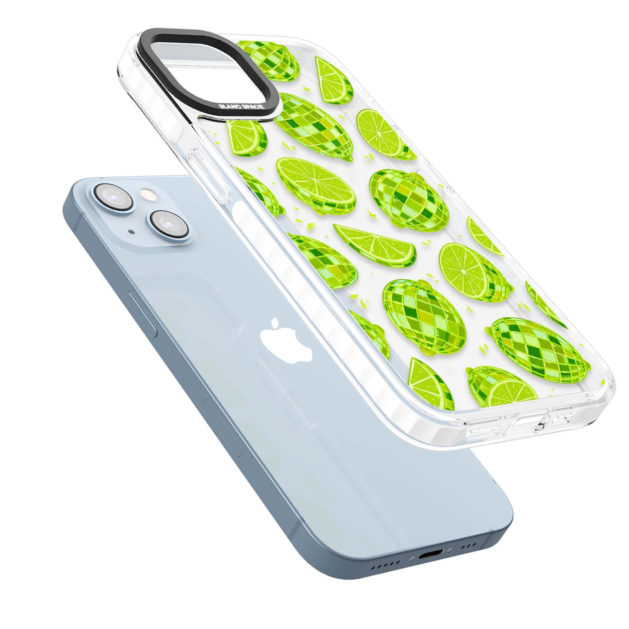 Disco Limes fruit aesthetic iPhone case featuring green disco balls, lime slices and citrus sparkles | Clear Impact case for iPhone 13, iPhone 14, iPhone 15