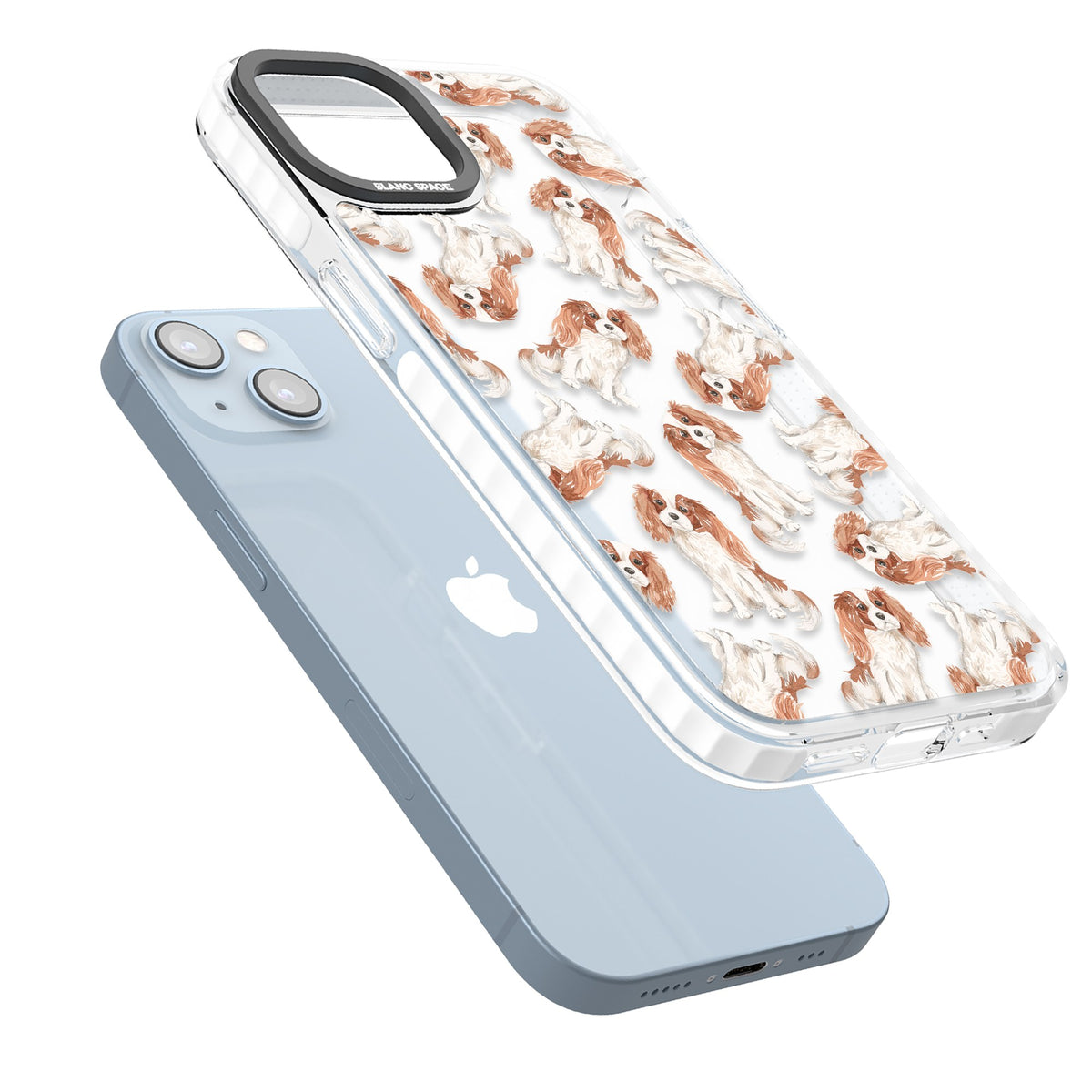 Cavalier King Charles Spaniel iPhone 12 / 12 Pro / iPhone 13 / iPhone 14 / iPhone 14 Plus / iPhone 15 / iPhone 15 Plus Impact Clear Phone Case angled