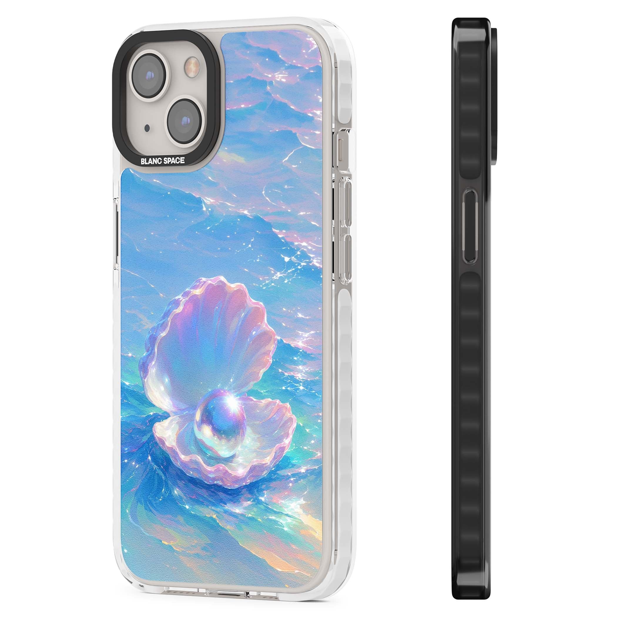 The Pearl Clam mermaidcore iPhone case featuring iridescent seashell, glowing pearl and pastel ocean waves | Clear Impact case for iPhone 13, iPhone 14, iPhone 15
