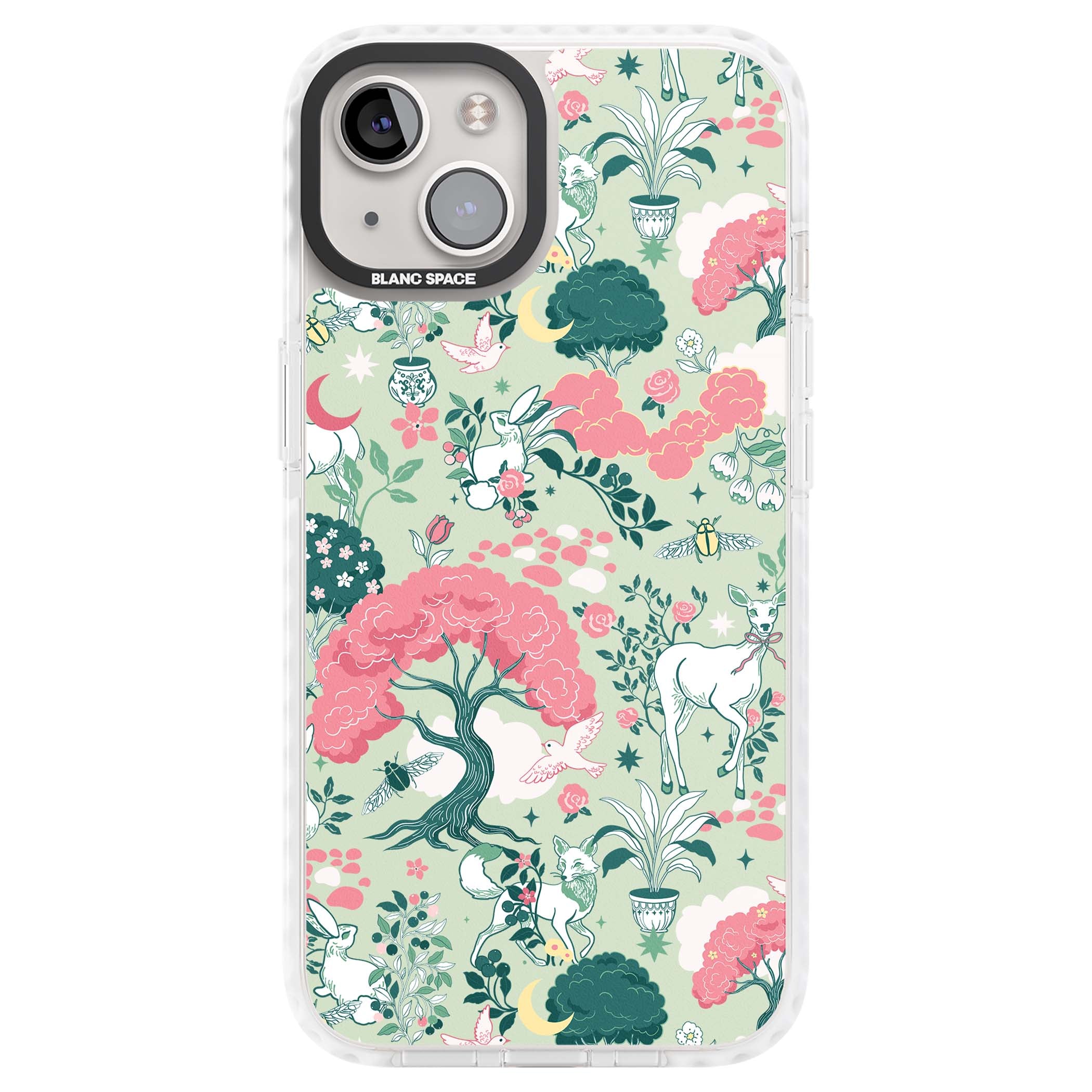 Enchanted Woodland cottagecore iPhone case featuring white deer, pink roses, mushrooms and woodland animals on sage green | Clear Impact case for iPhone 13, iPhone 14, iPhone 15
