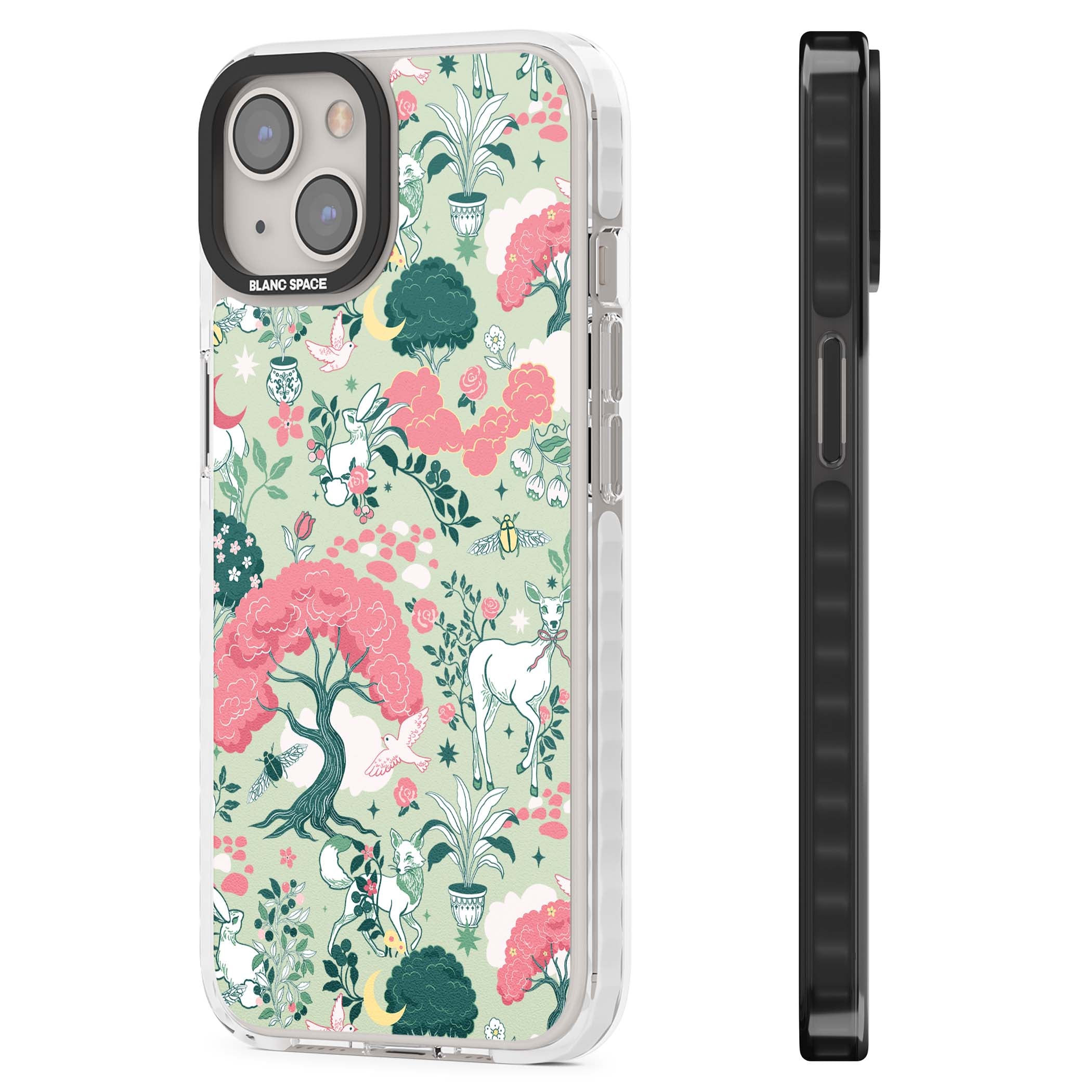 Enchanted Woodland cottagecore iPhone case featuring white deer, pink roses, mushrooms and woodland animals on sage green | Clear Impact case for iPhone 13, iPhone 14, iPhone 15