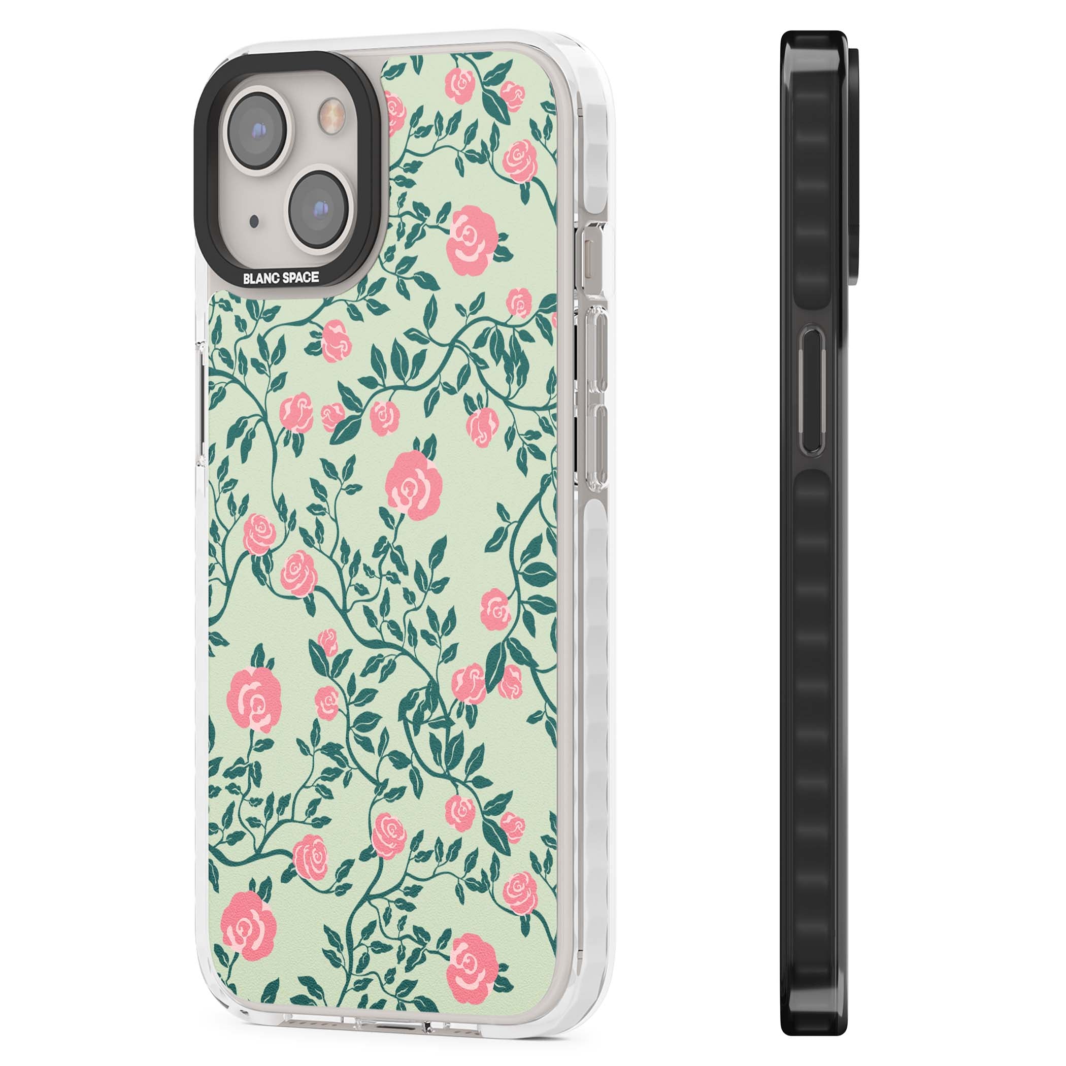 Rose Trellis cottagecore iPhone case featuring pink roses, sage green vines, and mint background | Clear Impact case for iPhone 13, iPhone 14, iPhone 15