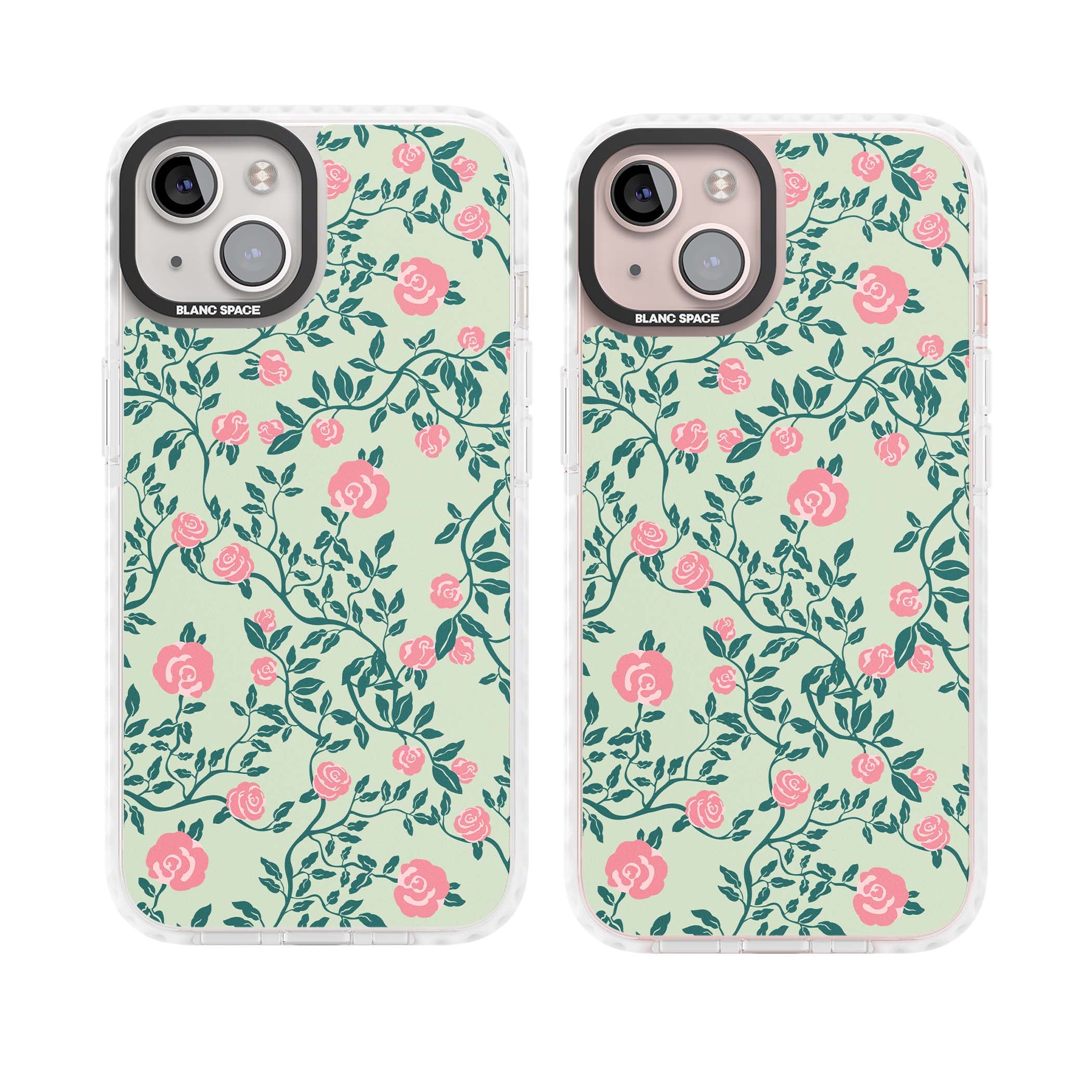 Rose Trellis cottagecore iPhone case featuring pink roses, sage green vines, and mint background | Clear Impact case for iPhone 13, iPhone 14, iPhone 15