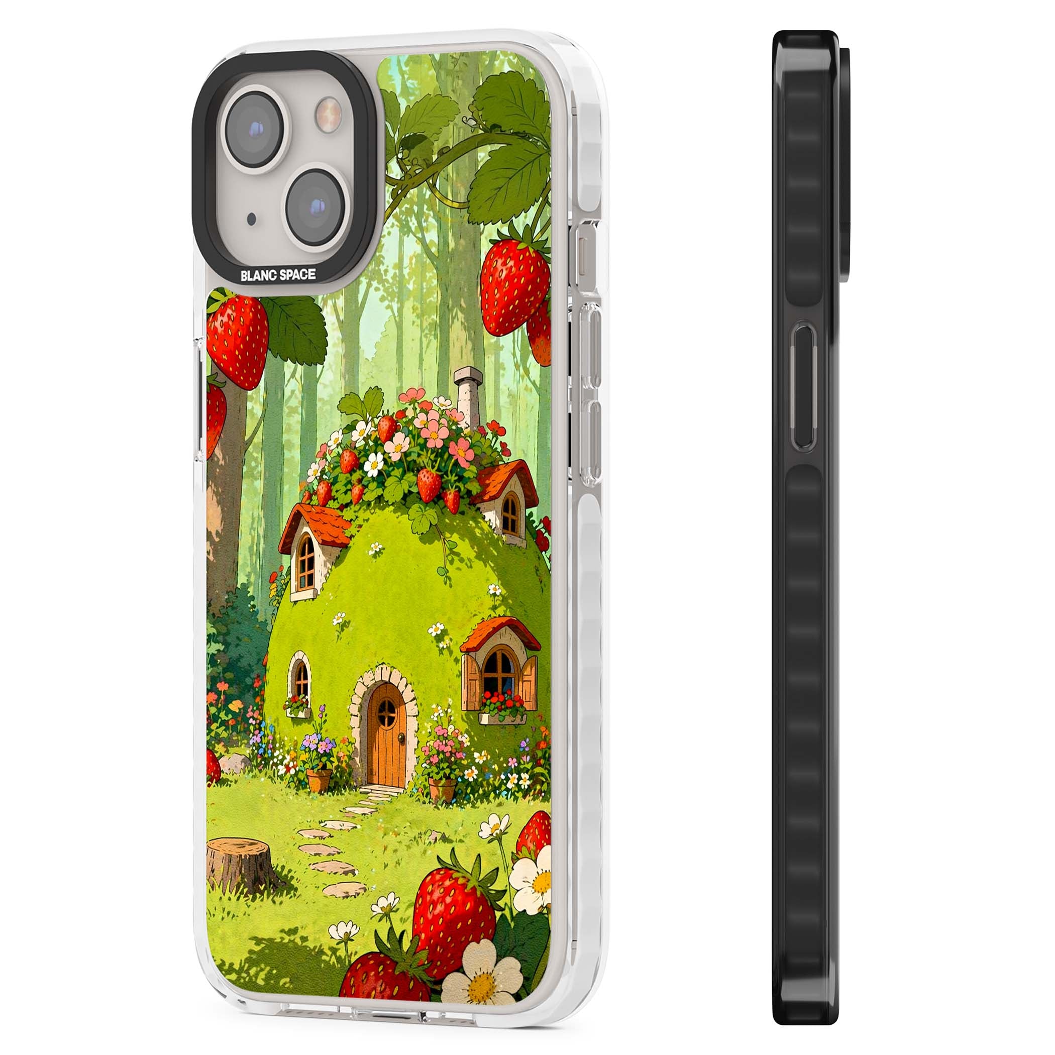 Strawberry Cottage cottagecore iPhone case featuring a green fairy house, wild strawberries and enchanted forest flowers | Clear Impact case for iPhone 13, iPhone 14, iPhone 15