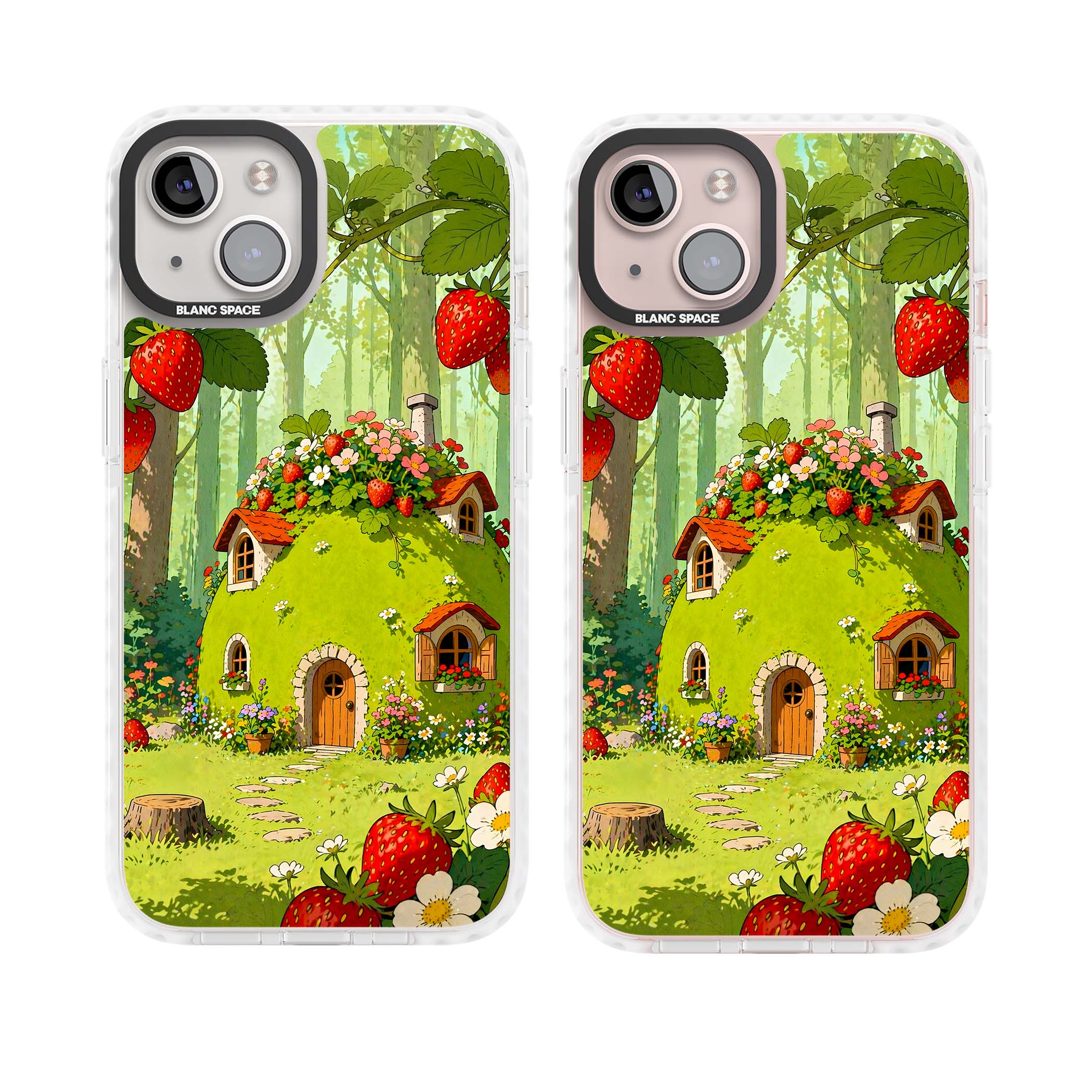 Strawberry Cottage cottagecore iPhone case featuring a green fairy house, wild strawberries and enchanted forest flowers | Clear Impact case for iPhone 13, iPhone 14, iPhone 15