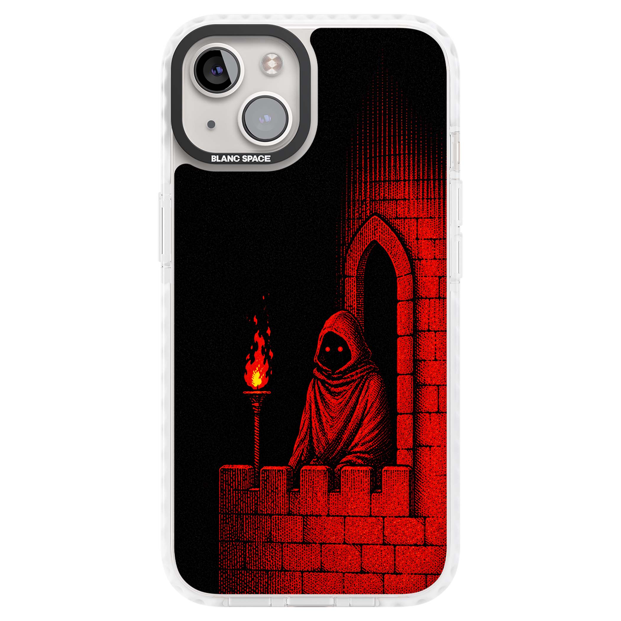 Crimson Crypt gothic iPhone case featuring a hooded reaper, torchlit crypt archway and red halftone horror art | Clear Impact case for iPhone 13, iPhone 14, iPhone 15