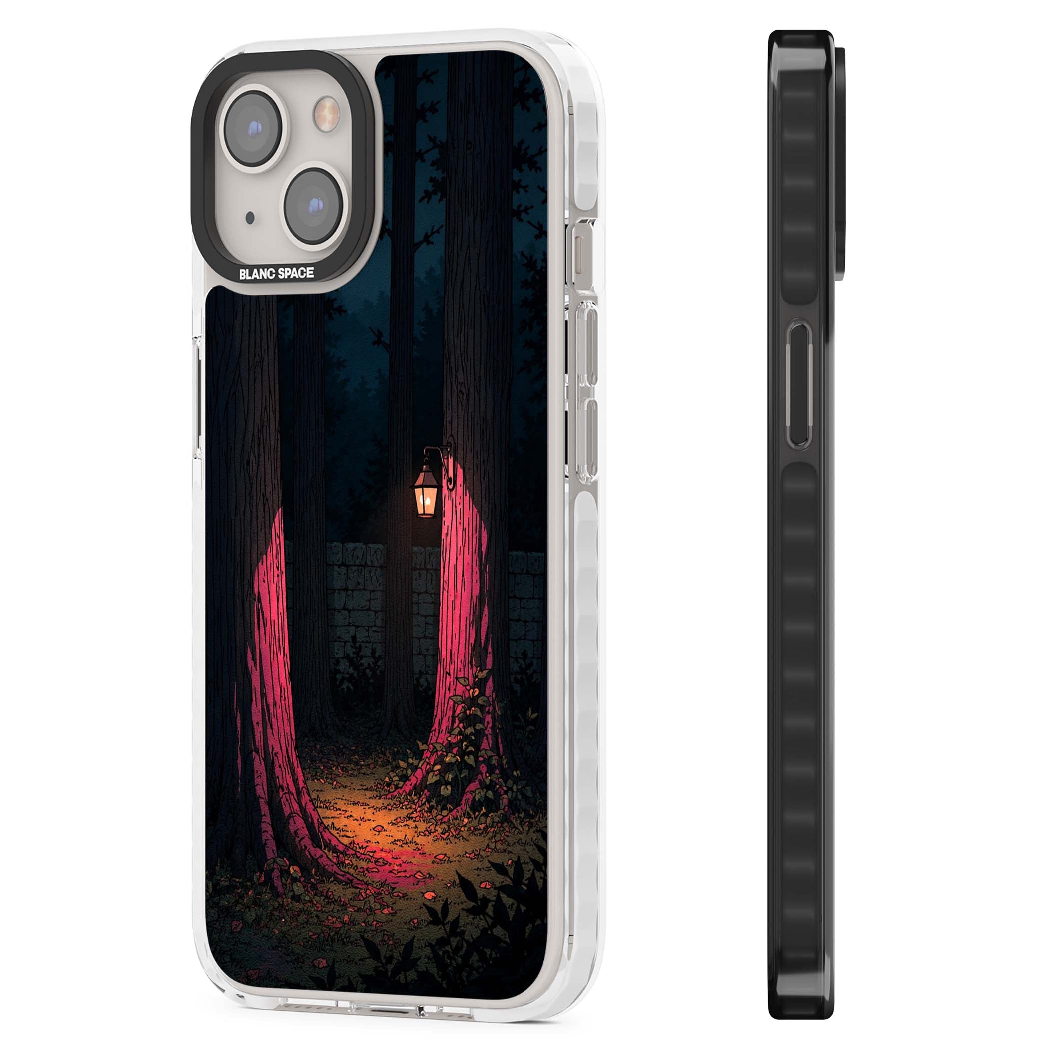 Forest Lantern dark academia iPhone case featuring a moonlit forest, glowing lantern, and stone wall pathway | Clear Impact case for iPhone 13, iPhone 14, iPhone 15