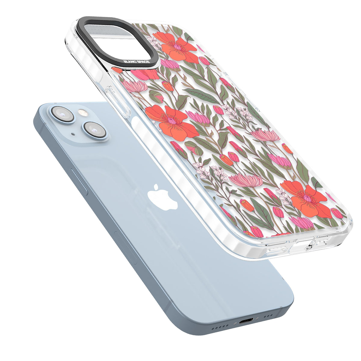 Peachy Floral iPhone 12 / 12 Pro / iPhone 13 / iPhone 14 / iPhone 14 Plus / iPhone 15 / iPhone 15 Plus Impact Clear Phone Case angled