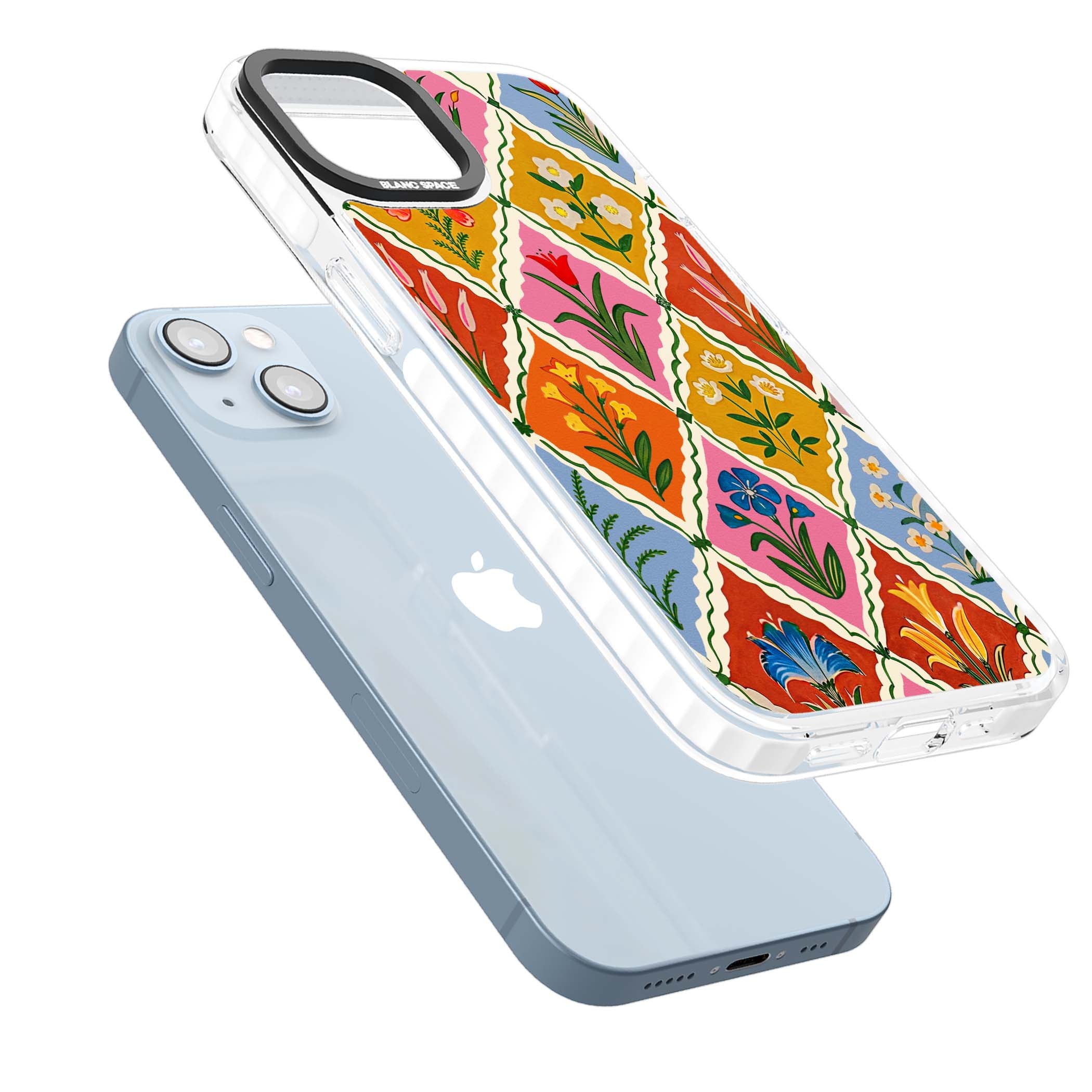Floral Quilt boho floral iPhone case featuring diamond lattice pattern, hand-painted tulips and folk art wildflowers | Clear Impact case for iPhone 13, iPhone 14, iPhone 15