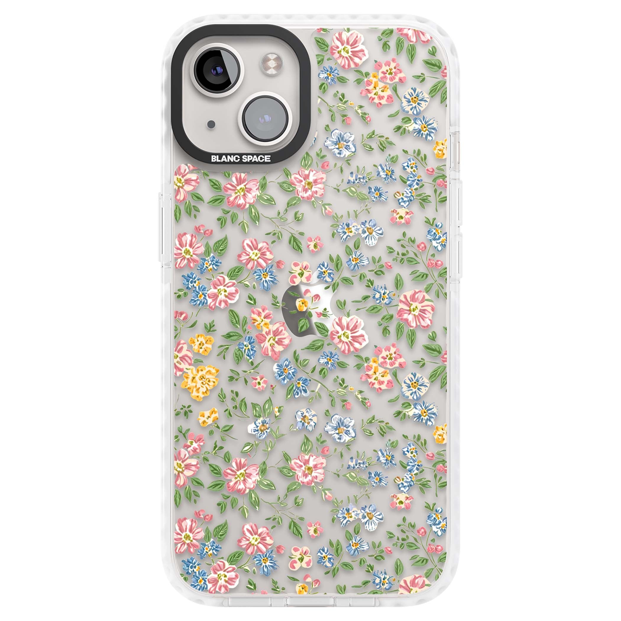 Soft Meadow cottagecore iPhone case featuring pink cosmos, blue forget-me-nots, yellow buttercups and green leaves sca | Clear Impact case for iPhone 13, iPhone 14, iPhone 15