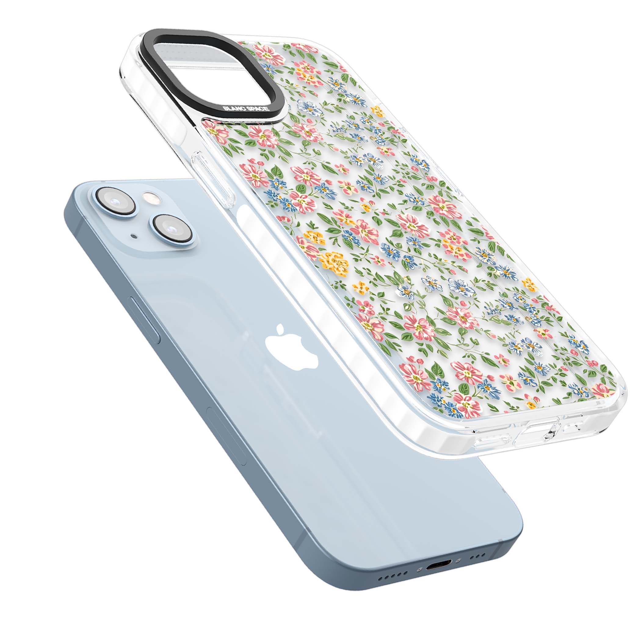 Soft Meadow cottagecore iPhone case featuring pink cosmos, blue forget-me-nots, yellow buttercups and green leaves sca | Clear Impact case for iPhone 13, iPhone 14, iPhone 15