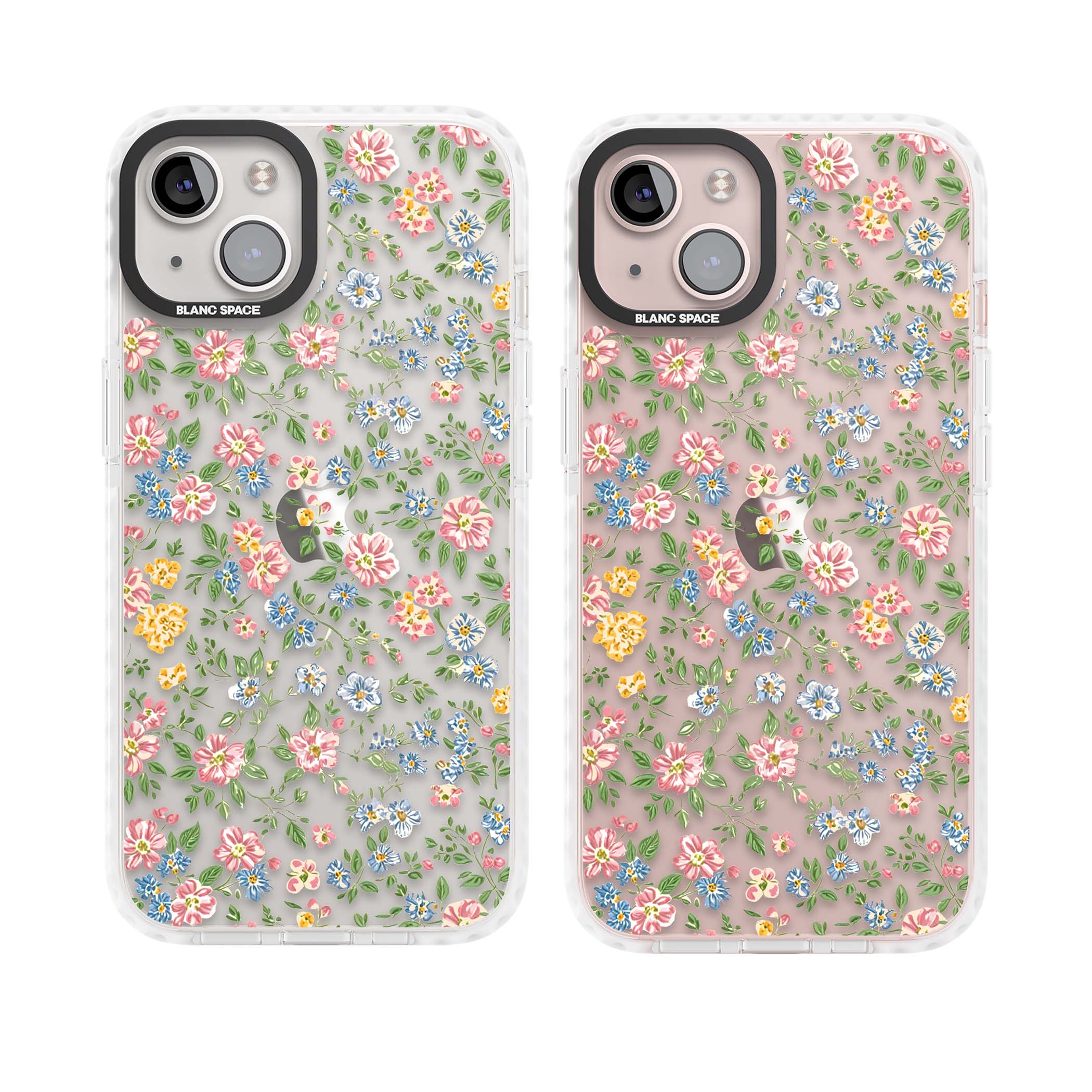 Soft Meadow cottagecore iPhone case featuring pink cosmos, blue forget-me-nots, yellow buttercups and green leaves sca | Clear Impact case for iPhone 13, iPhone 14, iPhone 15