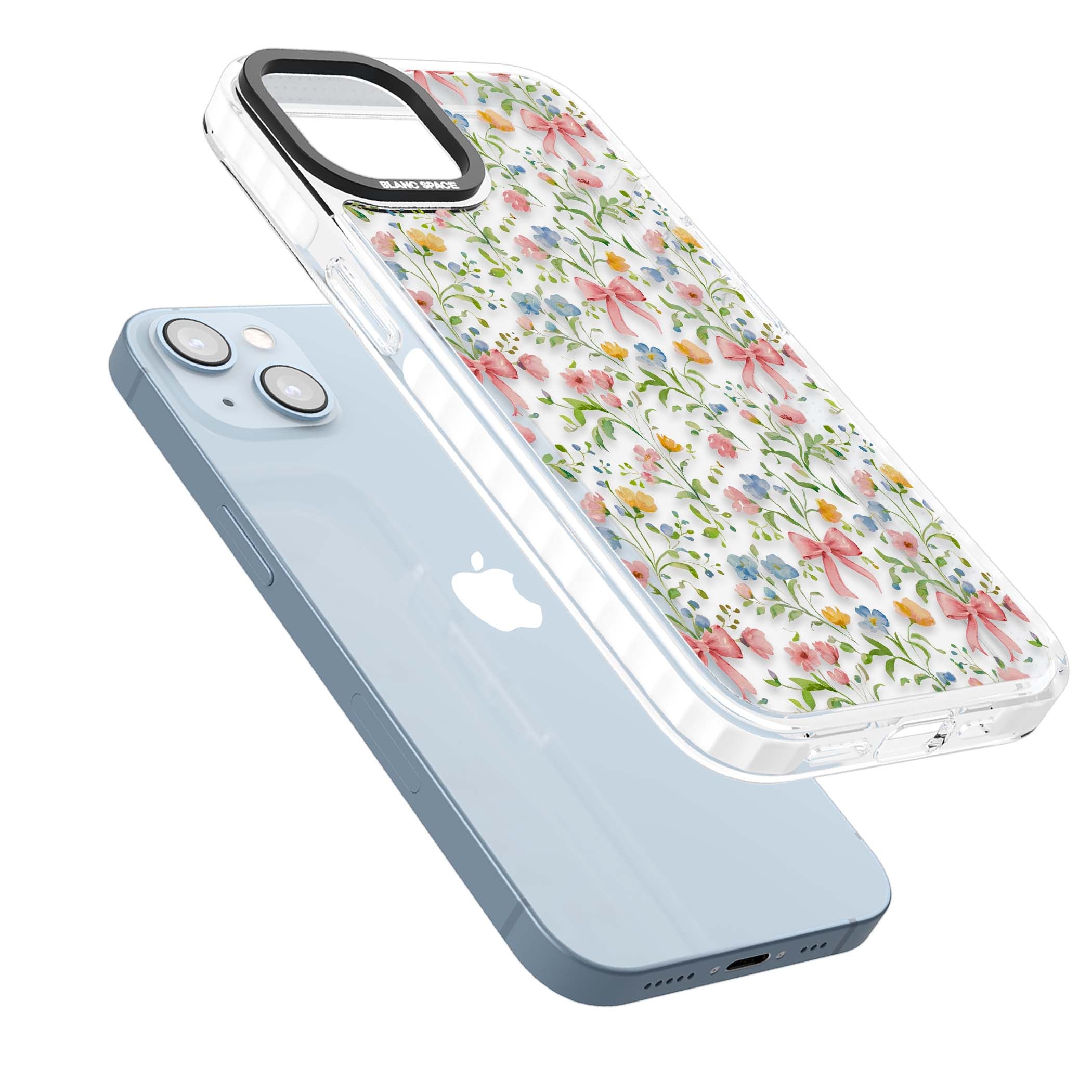 Ribbons & Wildflowers cottagecore iPhone case featuring watercolor wildflowers, pink satin bows, and delicate spring blooms o | Clear Impact case for iPhone 13, iPhone 14, iPhone 15