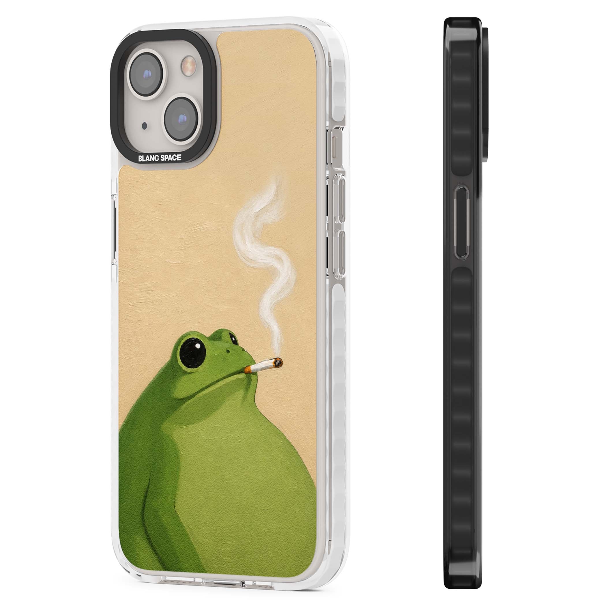 The Smoking Frog cottagecore iPhone case featuring a hand-painted green frog smoking a cigarette on a cream oil painting back | Clear Impact case for iPhone 13, iPhone 14, iPhone 15