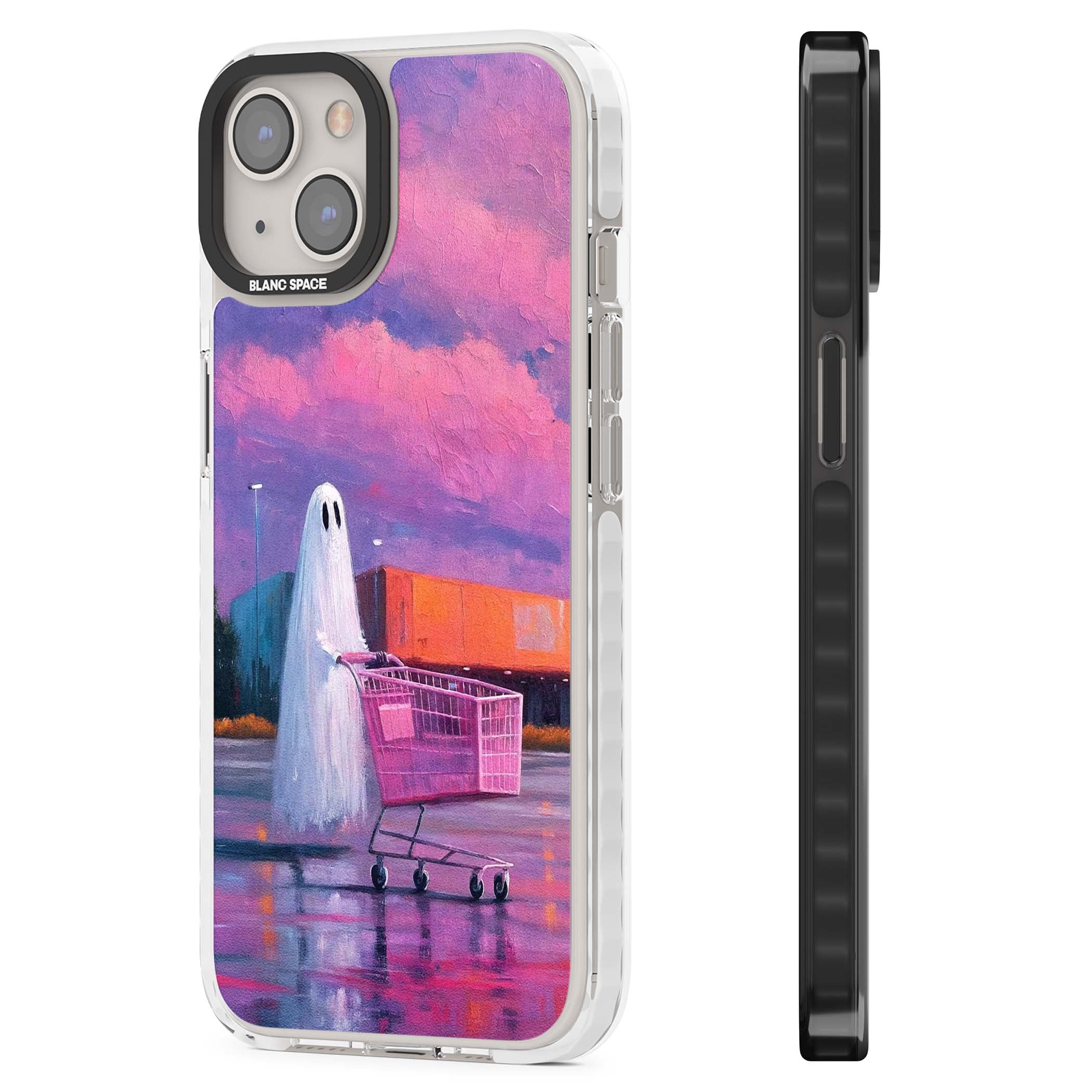 A Ghost's Errand ghost halloween iPhone case featuring a painted ghost, pink shopping trolley and purple sunset sky | Clear Impact case for iPhone 13, iPhone 14, iPhone 15