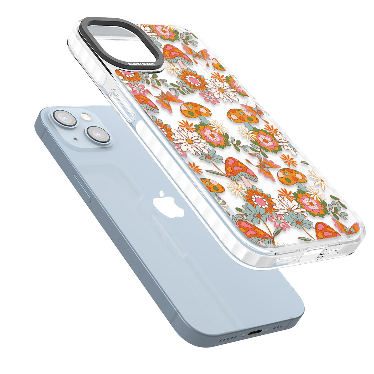 Groovy Shrooms & Flowers iPhone 12 / 12 Pro / iPhone 13 / iPhone 14 / iPhone 14 Plus / iPhone 15 / iPhone 15 Plus Impact Clear Phone Case angled