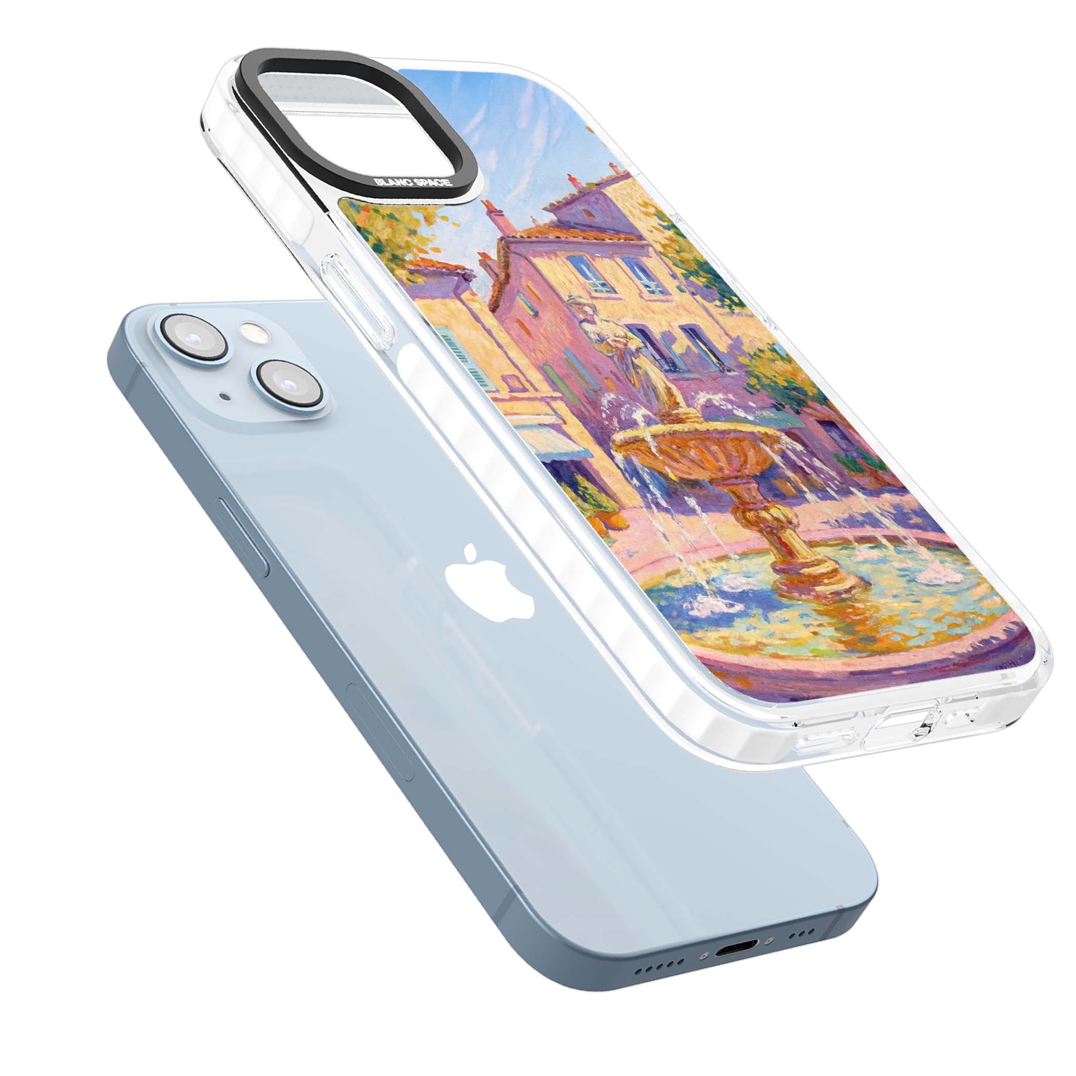 Fountain Square fine art iPhone case featuring an impressionist Provençal fountain, pastel village buildings and summe | Clear Impact case for iPhone 13, iPhone 14, iPhone 15