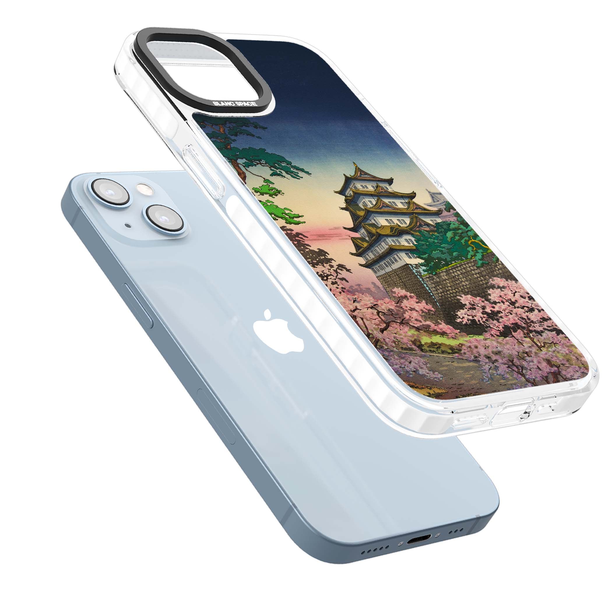 Nagoya Castle Japanese iPhone case featuring a vintage pagoda, twilight sky and cherry blossom trees | Clear Impact case for iPhone 13, iPhone 14, iPhone 15