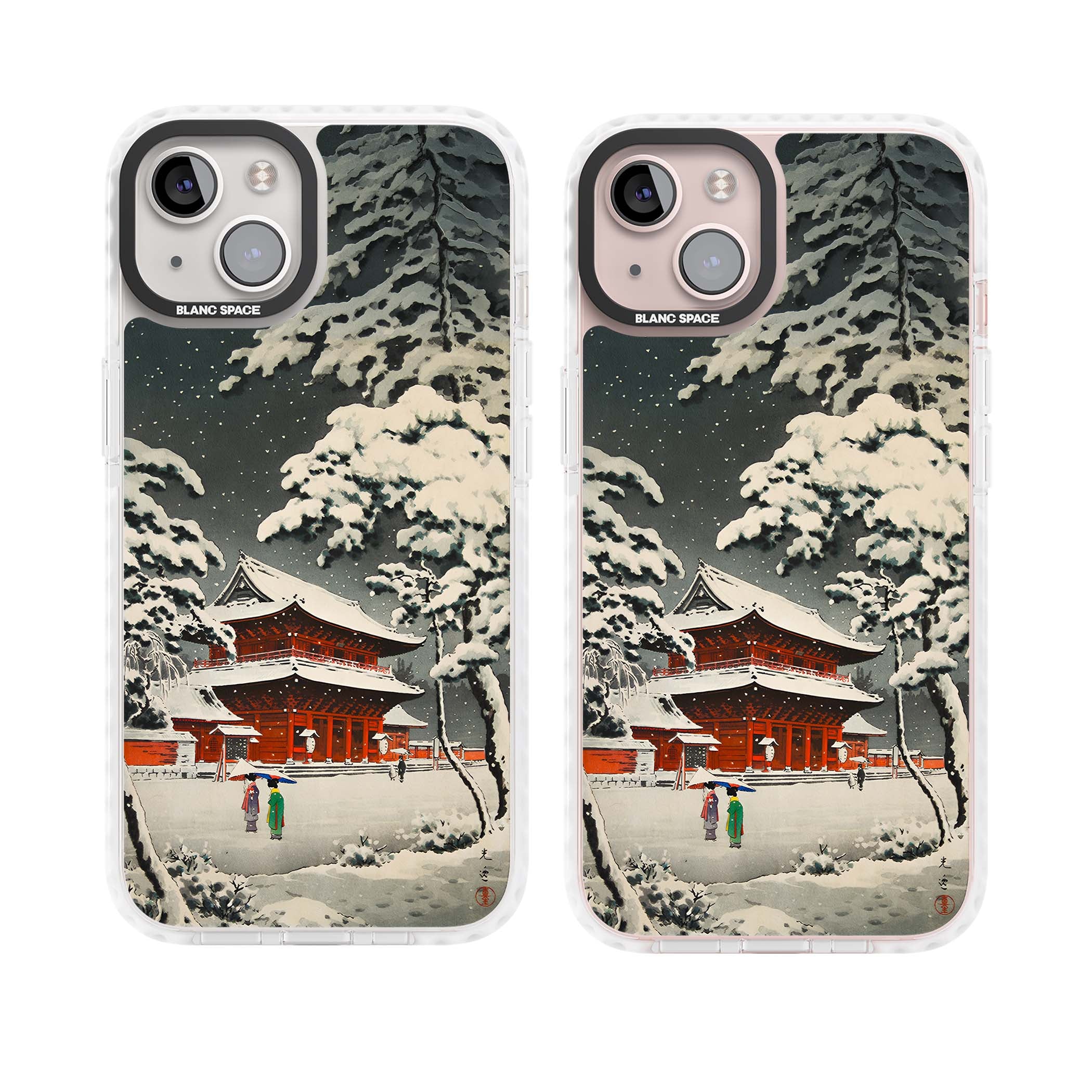 Snow at Shiha Park, Tokyo Japanese art iPhone case featuring a vintage ukiyo-e snowy temple, red pagoda, and snow-covered pin | Clear Impact case for iPhone 13, iPhone 14, iPhone 15