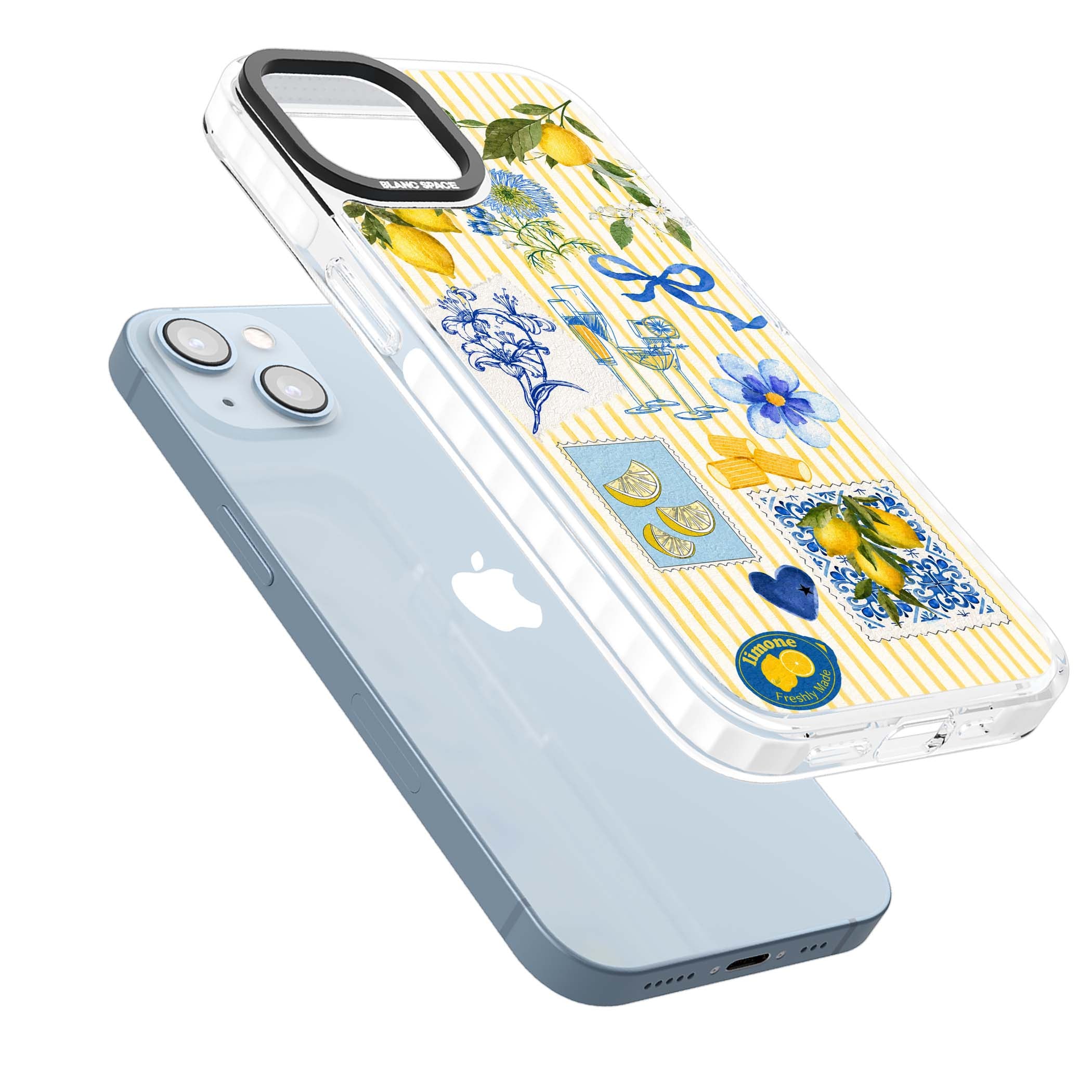 Limone Riviera Italian summer iPhone case featuring watercolour lemons, blue ribbon bows and majolica tile stamps on... | Clear Impact case for iPhone 13, iPhone 14, iPhone 15