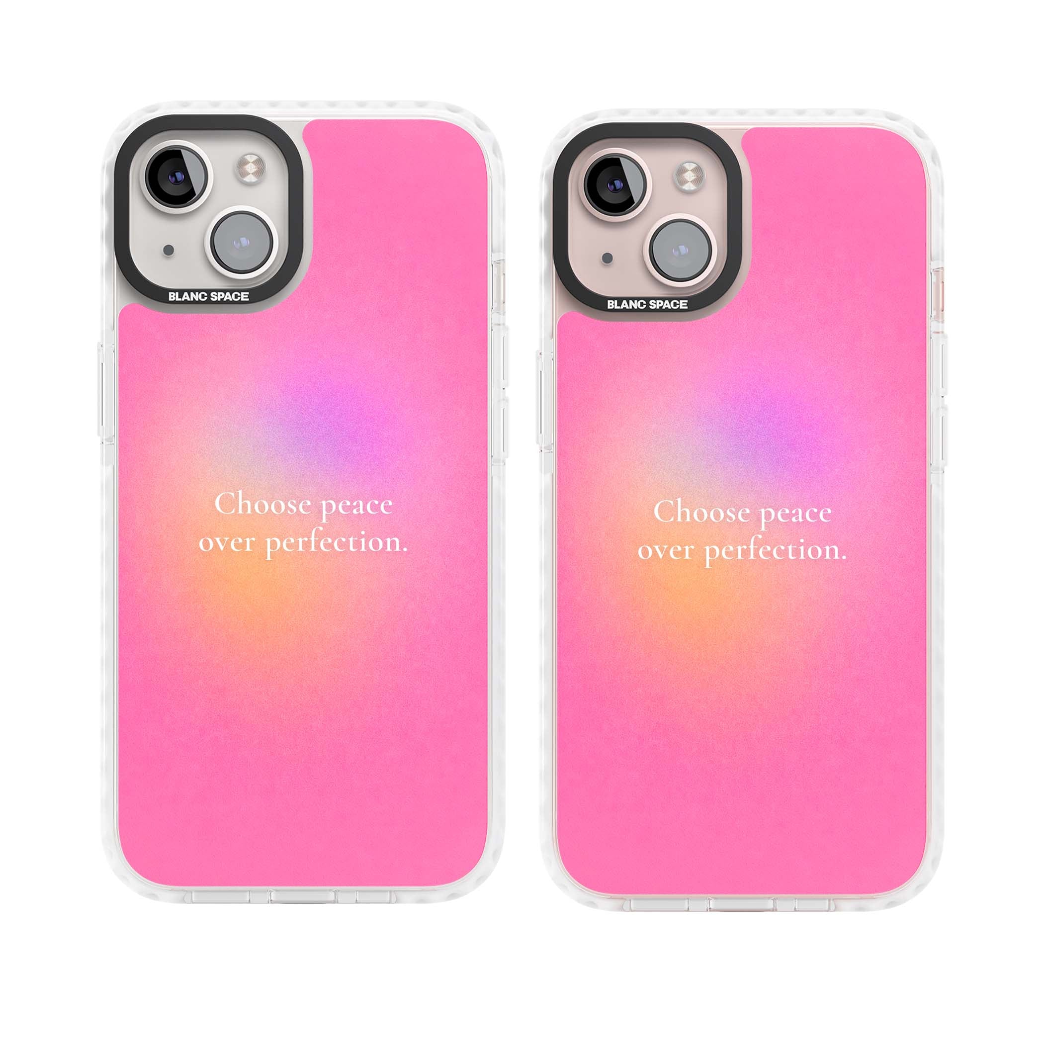Peace Over Perfection quote iPhone case featuring a dreamy pink aura gradient and delicate white affirmation text | Impact Magsafe case for iPhone 13, iPhone 14, iPhone 15